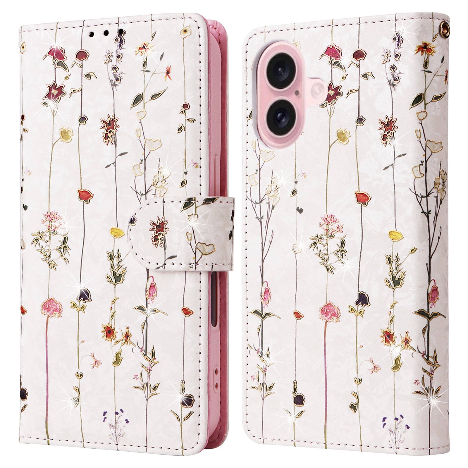 For iPhone 16 Case RFID Blocking Wallet Lacquered Design Mobile Phone Cover - Small Flower