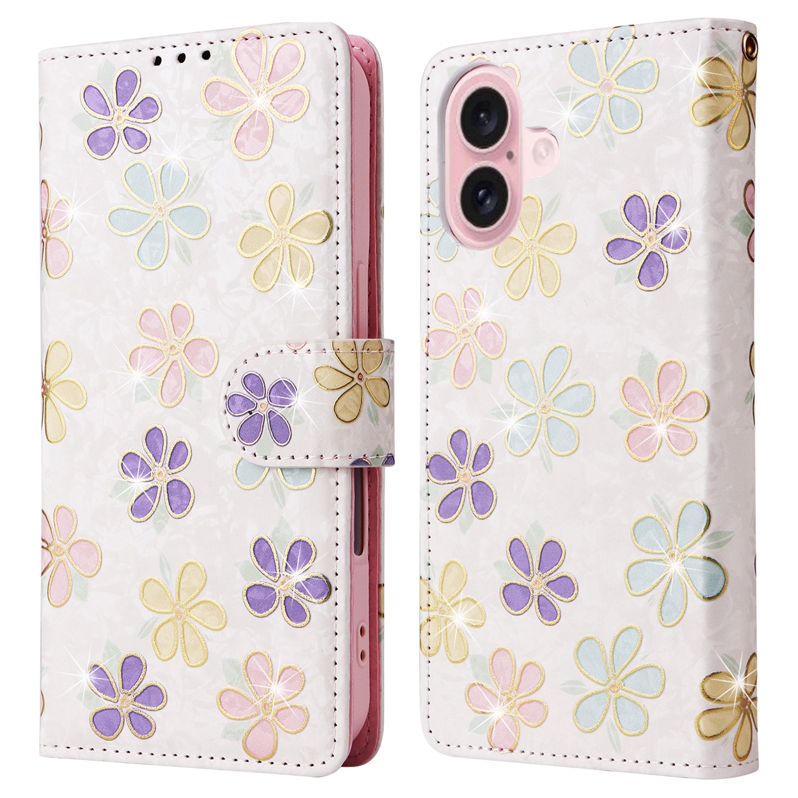 For iPhone 16 Case RFID Blocking Wallet Lacquered Design Mobile Phone Cover - Colorful Flower