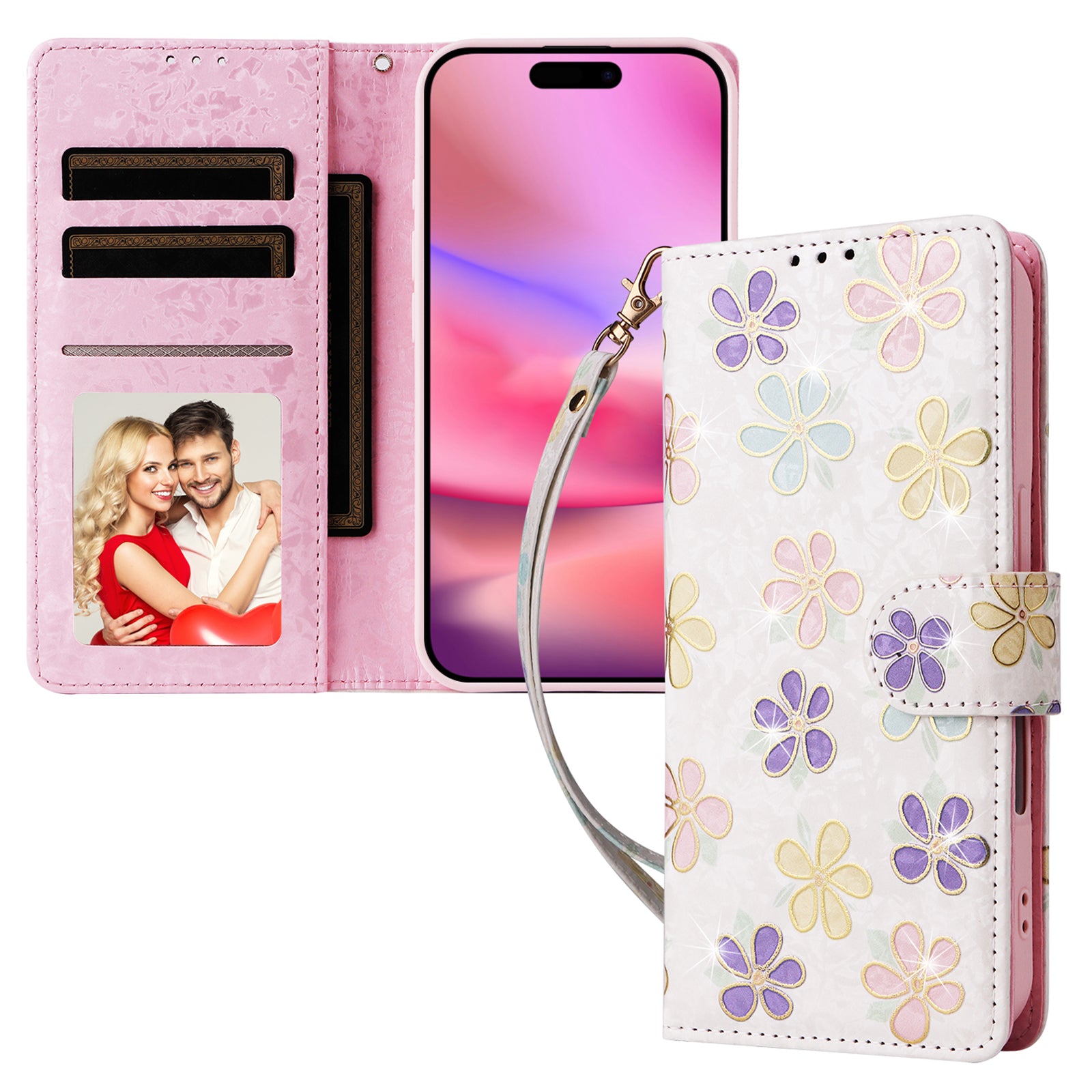 For iPhone 16 Case RFID Blocking Wallet Lacquered Design Mobile Phone Cover - Colorful Flower