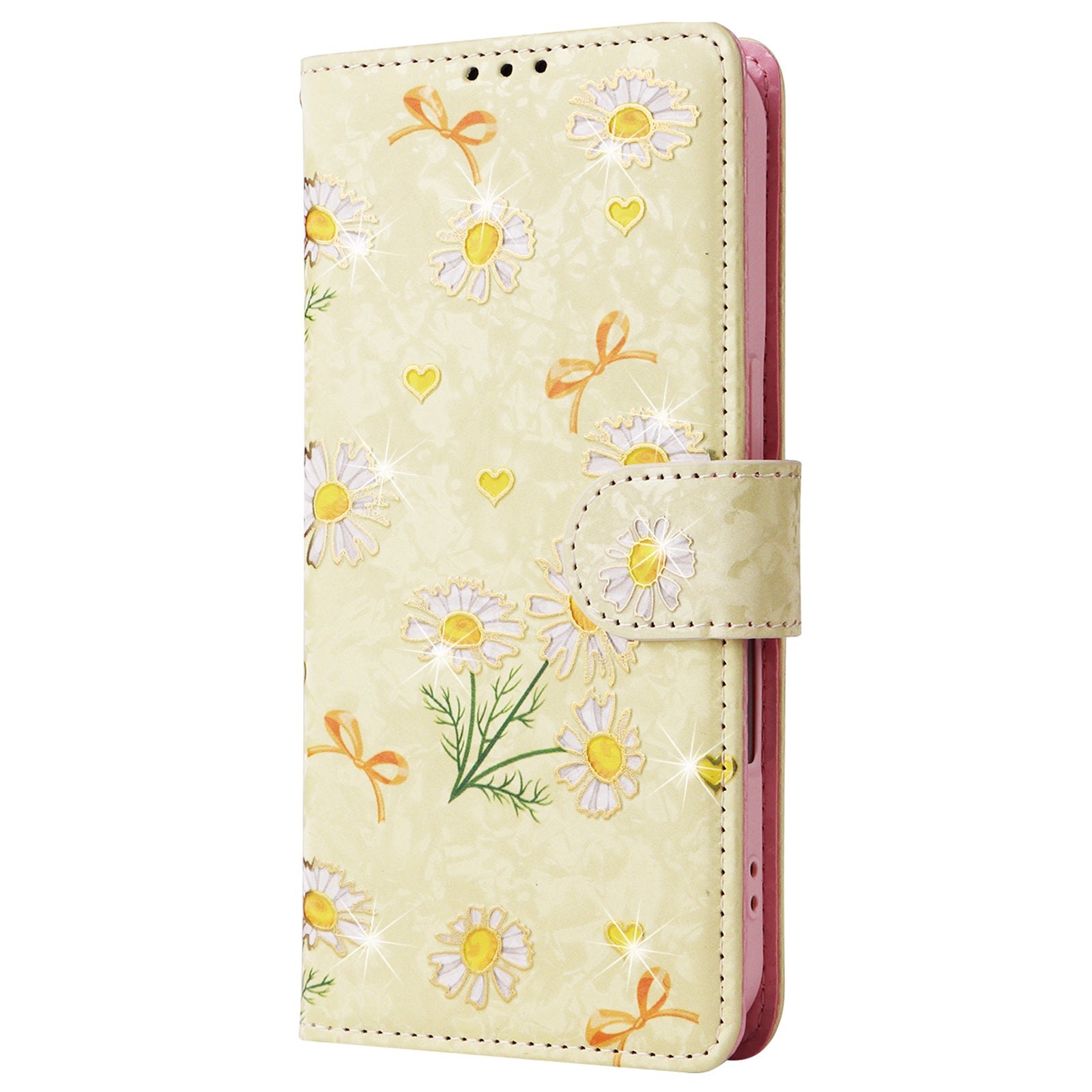 For iPhone 16 Case RFID Blocking Wallet Lacquered Design Mobile Phone Cover - Yellow Daisy