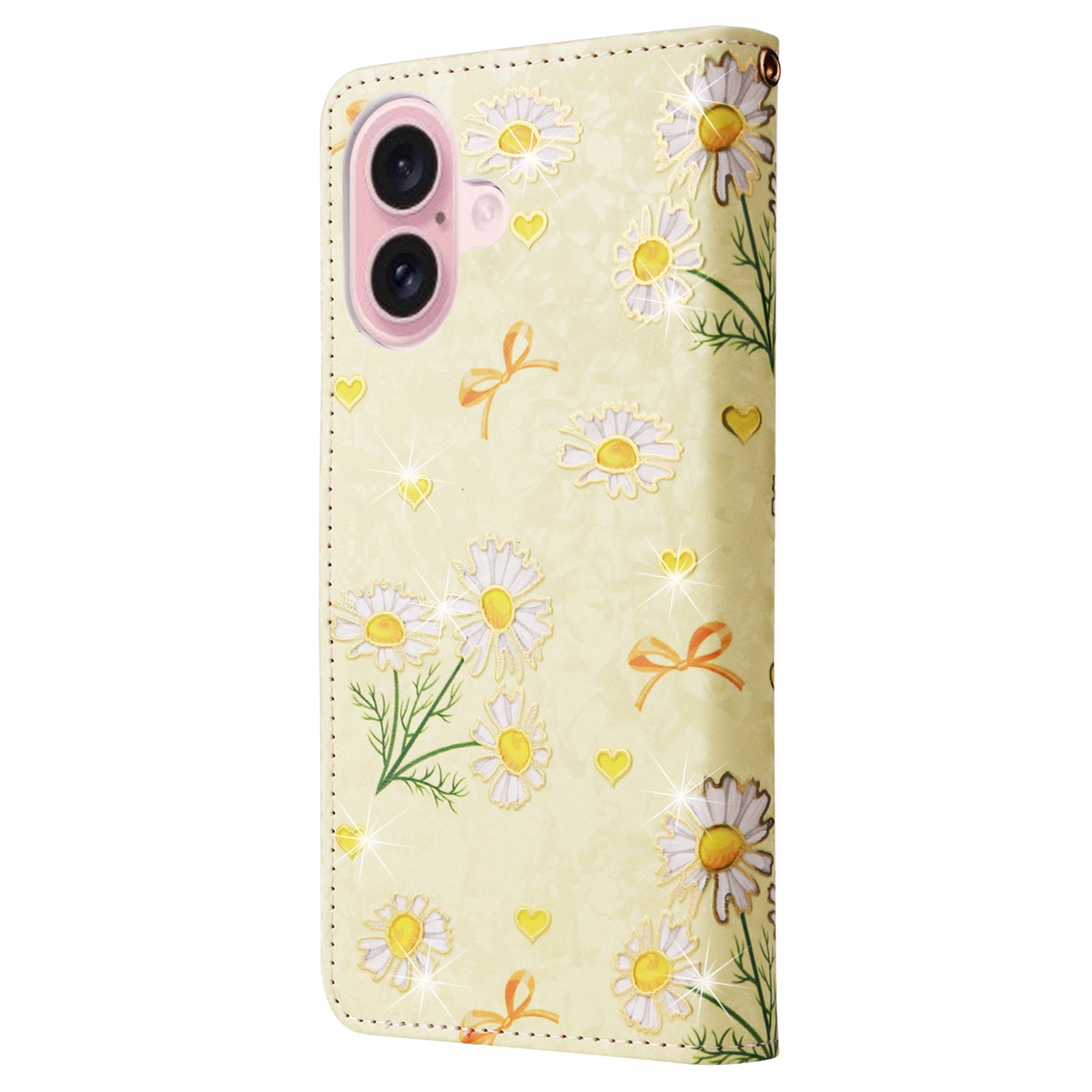 For iPhone 16 Case RFID Blocking Wallet Lacquered Design Mobile Phone Cover - Yellow Daisy