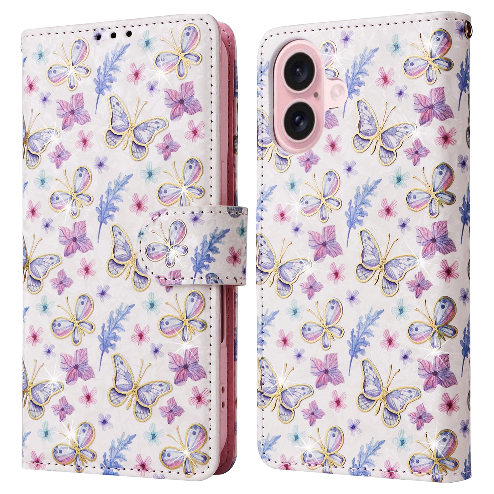 For iPhone 16 Case RFID Blocking Wallet Lacquered Design Mobile Phone Cover - Butterfly Flower