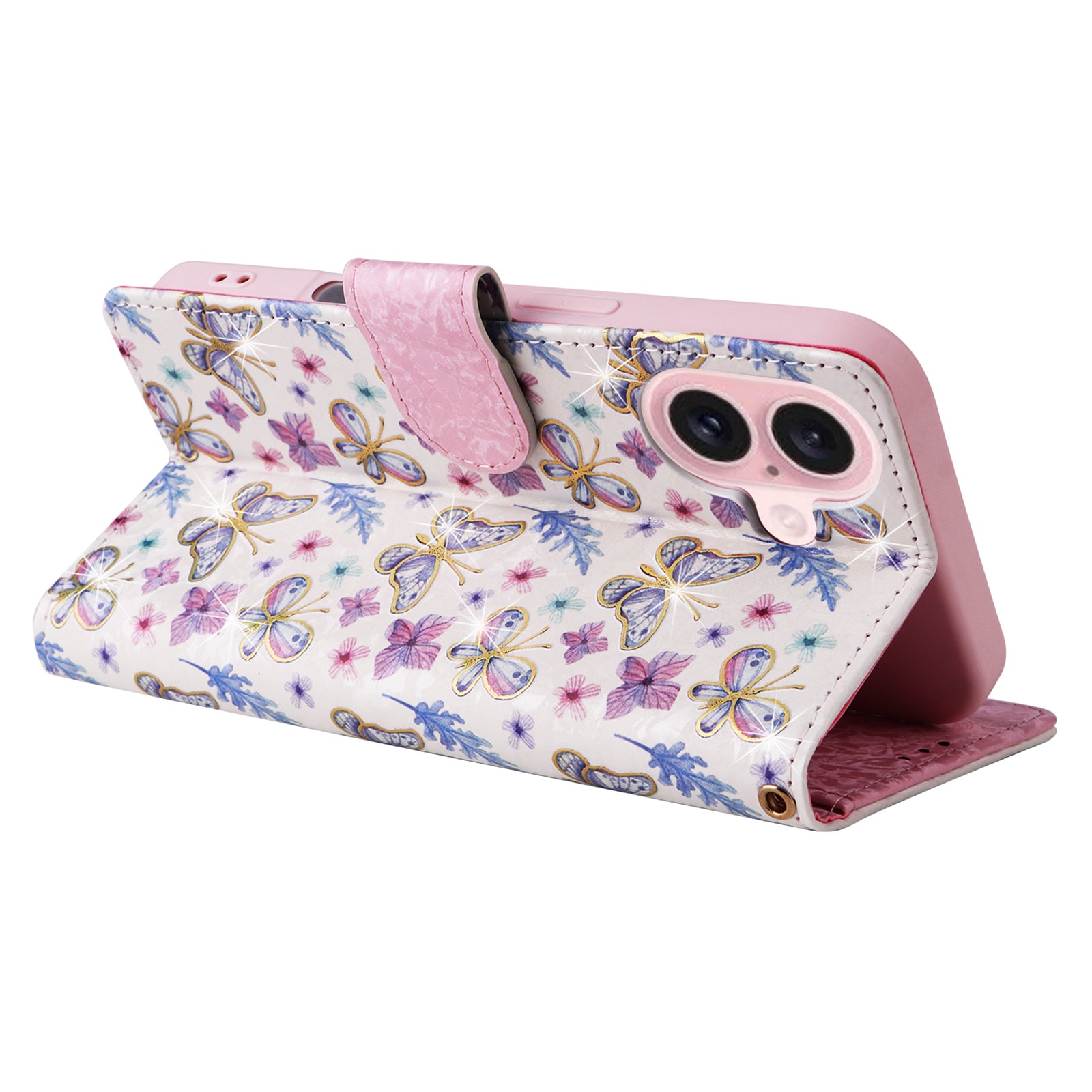 For iPhone 16 Case RFID Blocking Wallet Lacquered Design Mobile Phone Cover - Butterfly Flower