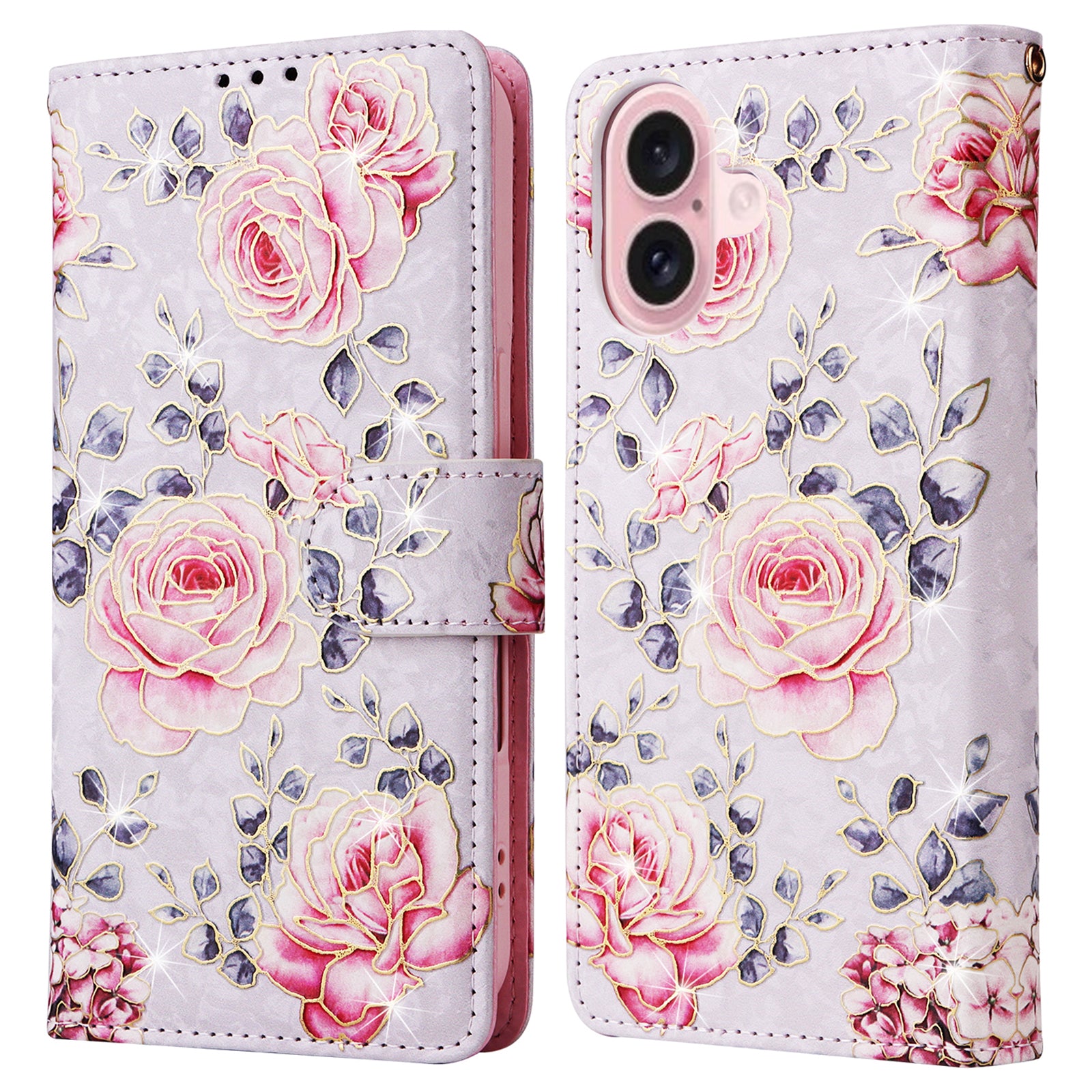 For iPhone 16 Case RFID Blocking Wallet Lacquered Design Mobile Phone Cover - Rose Flower