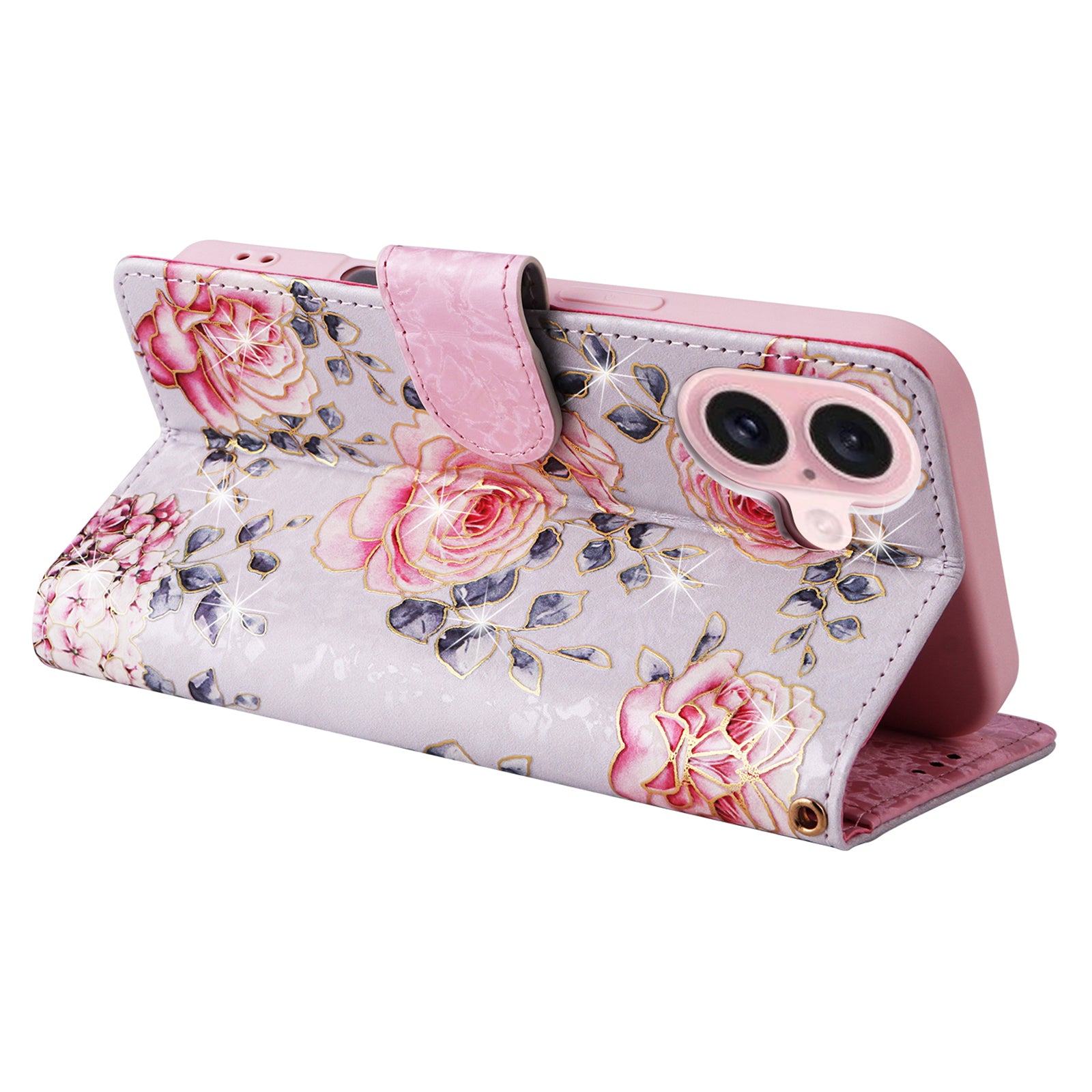 For iPhone 16 Case RFID Blocking Wallet Lacquered Design Mobile Phone Cover - Rose Flower