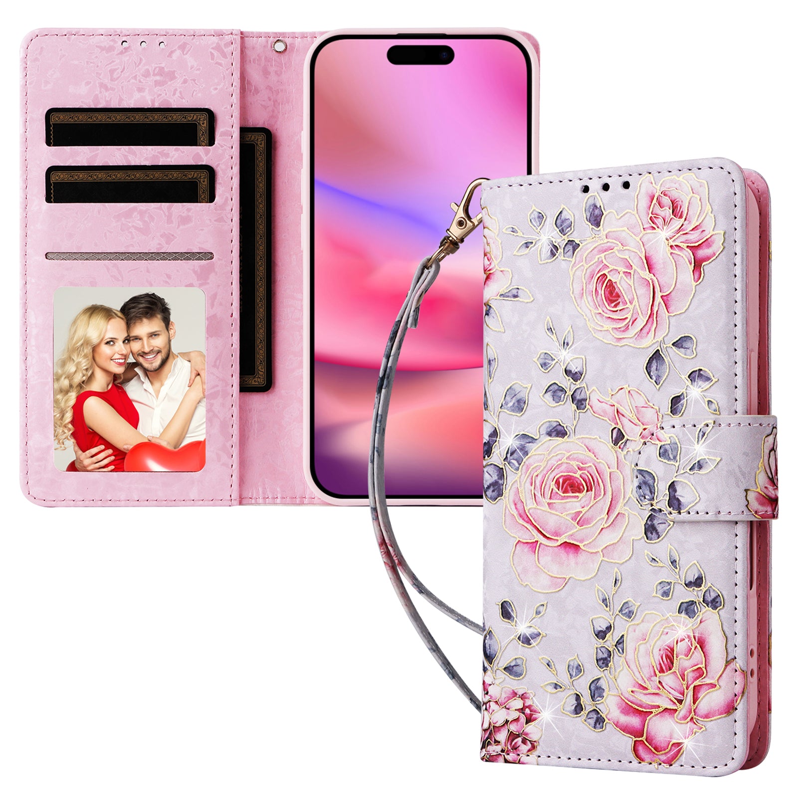 For iPhone 16 Case RFID Blocking Wallet Lacquered Design Mobile Phone Cover - Rose Flower