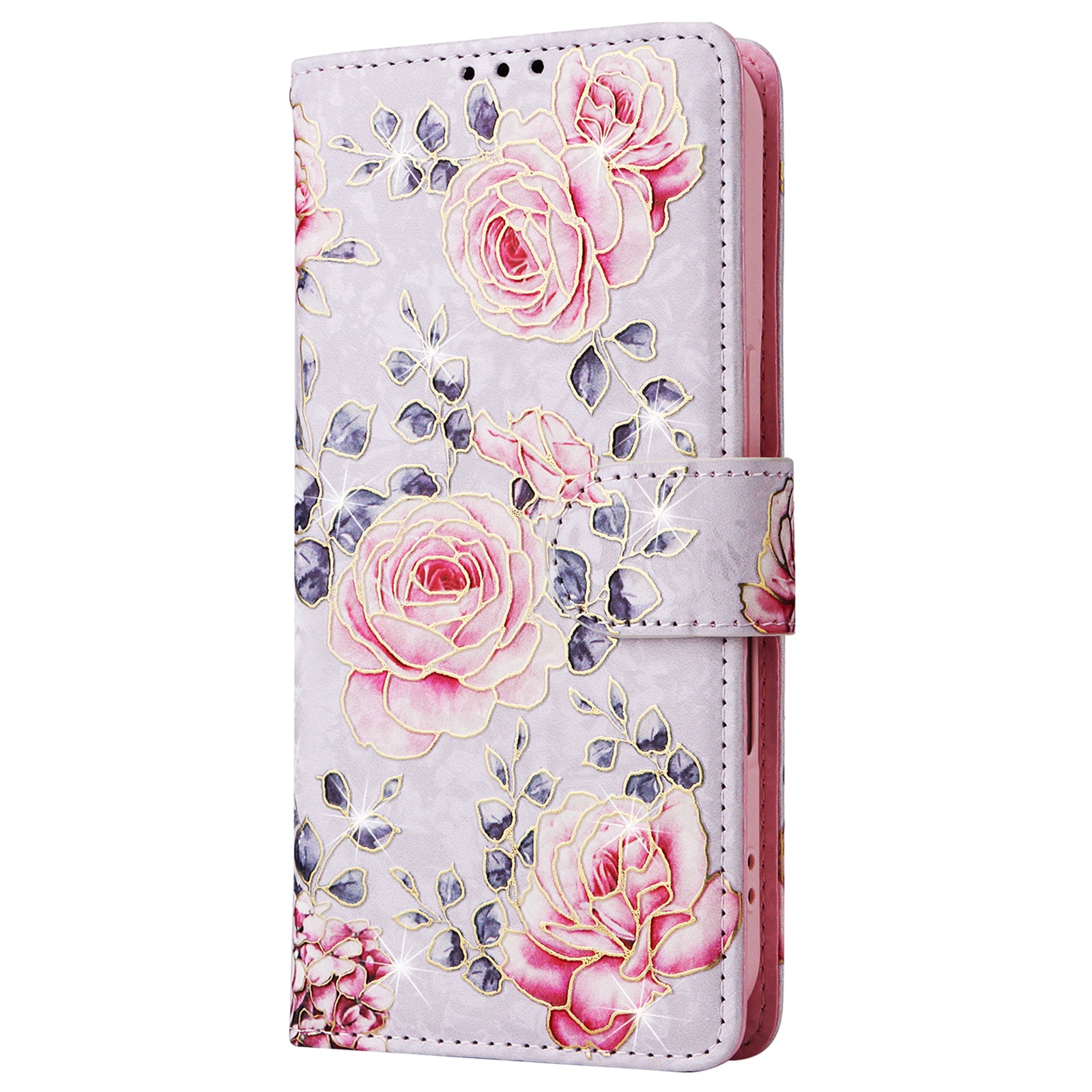 For iPhone 16 Case RFID Blocking Wallet Lacquered Design Mobile Phone Cover - Rose Flower