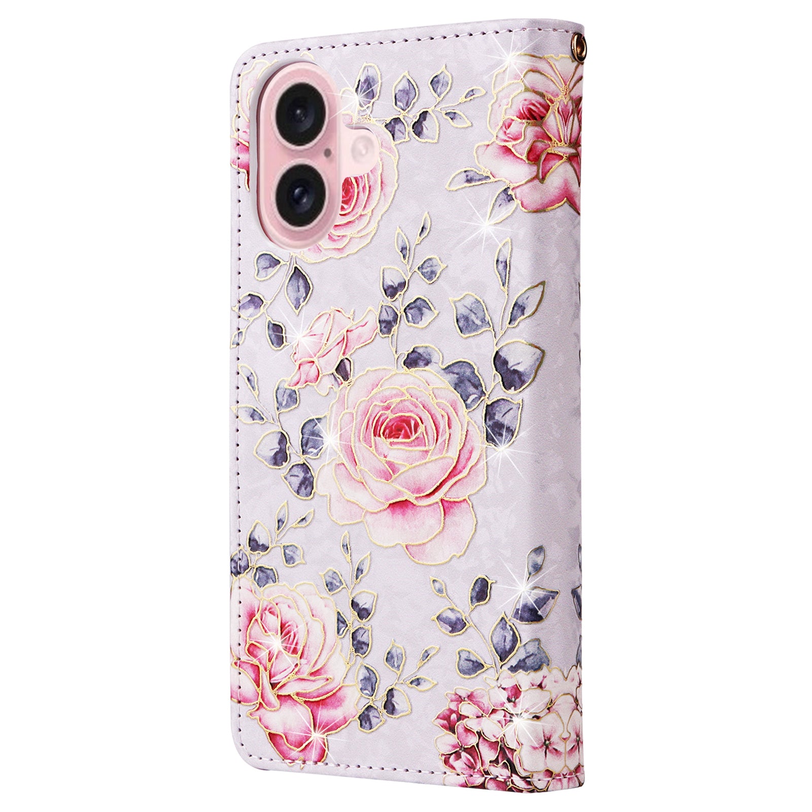 For iPhone 16 Case RFID Blocking Wallet Lacquered Design Mobile Phone Cover - Rose Flower