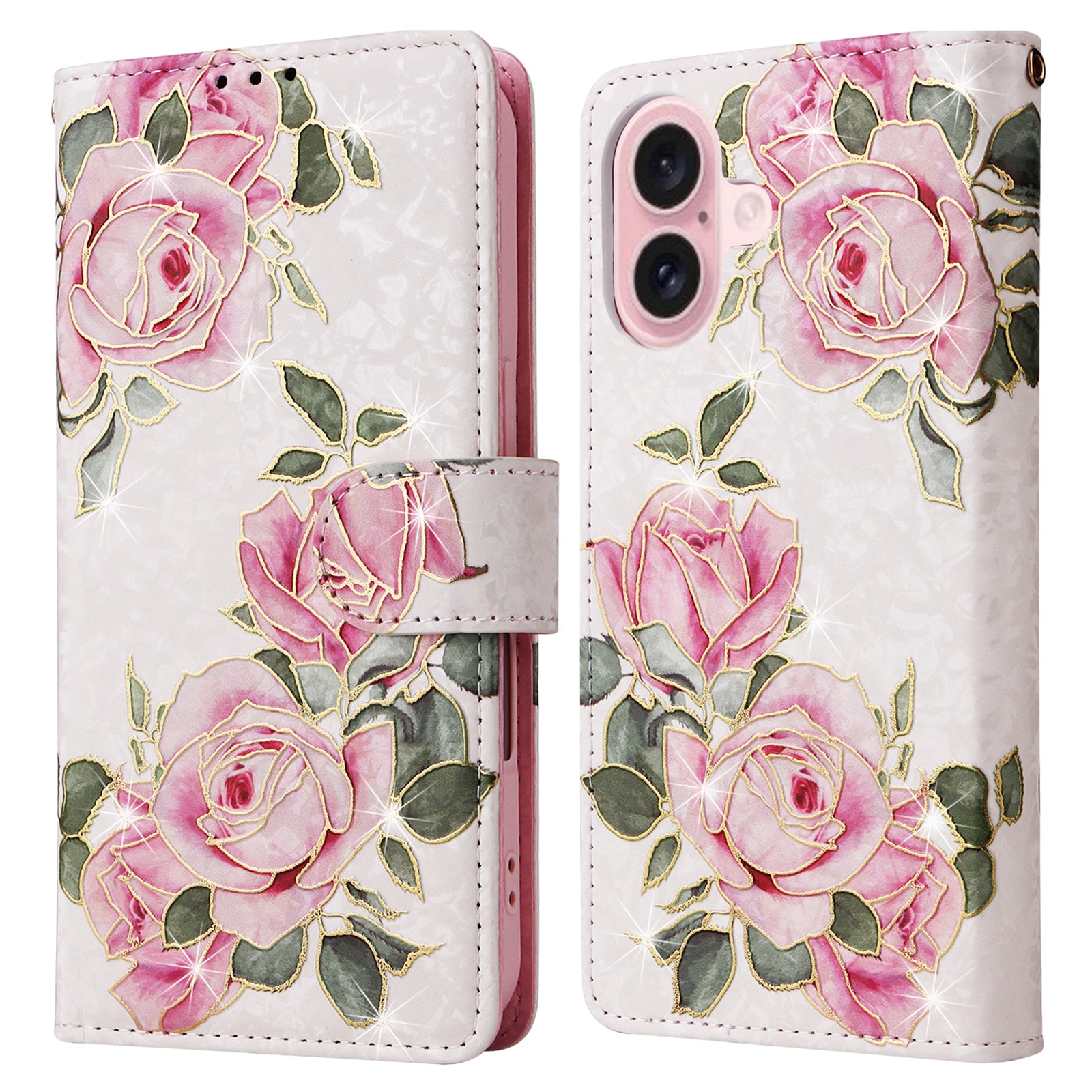 For iPhone 16 Case RFID Blocking Wallet Lacquered Design Mobile Phone Cover - Flower