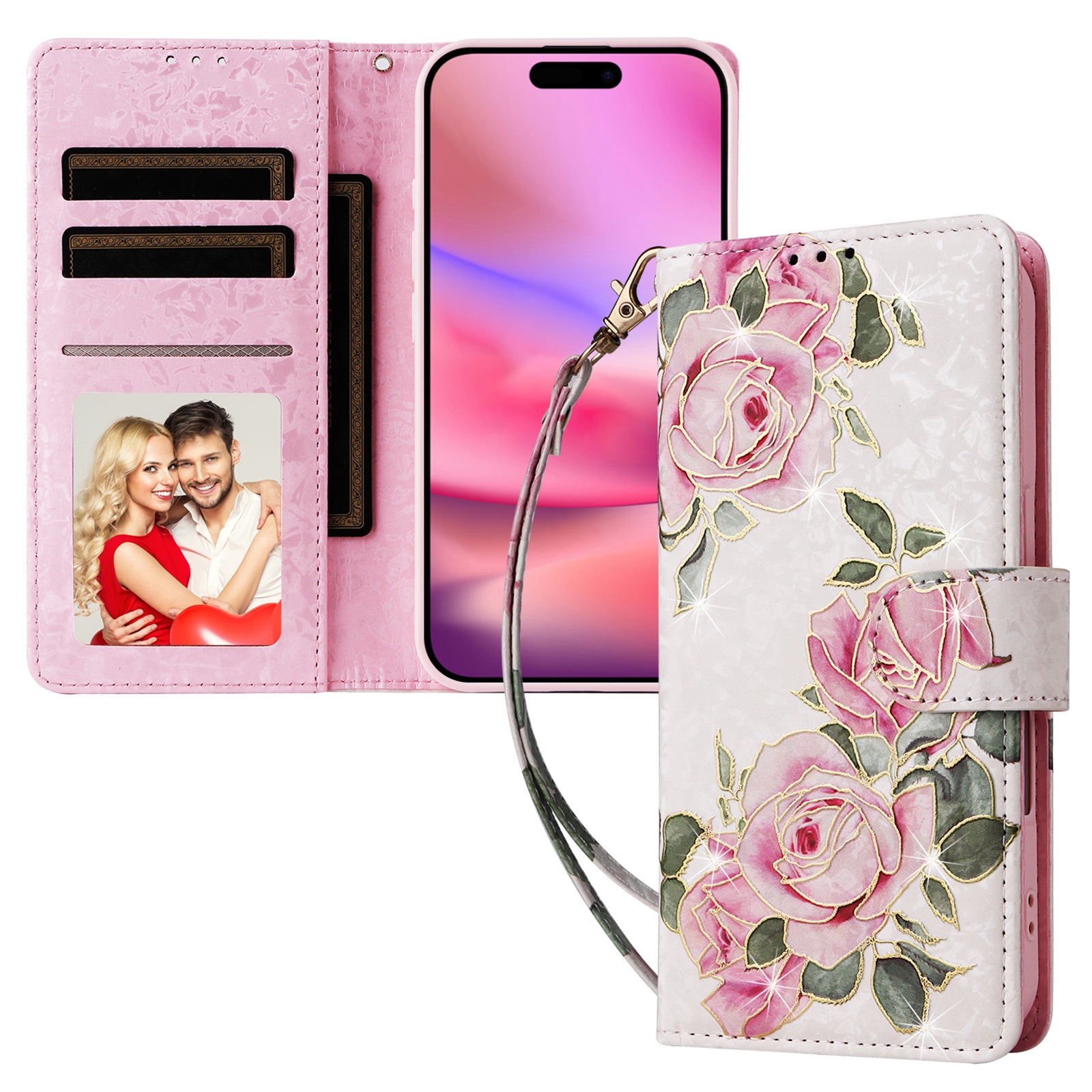 For iPhone 16 Case RFID Blocking Wallet Lacquered Design Mobile Phone Cover - Flower