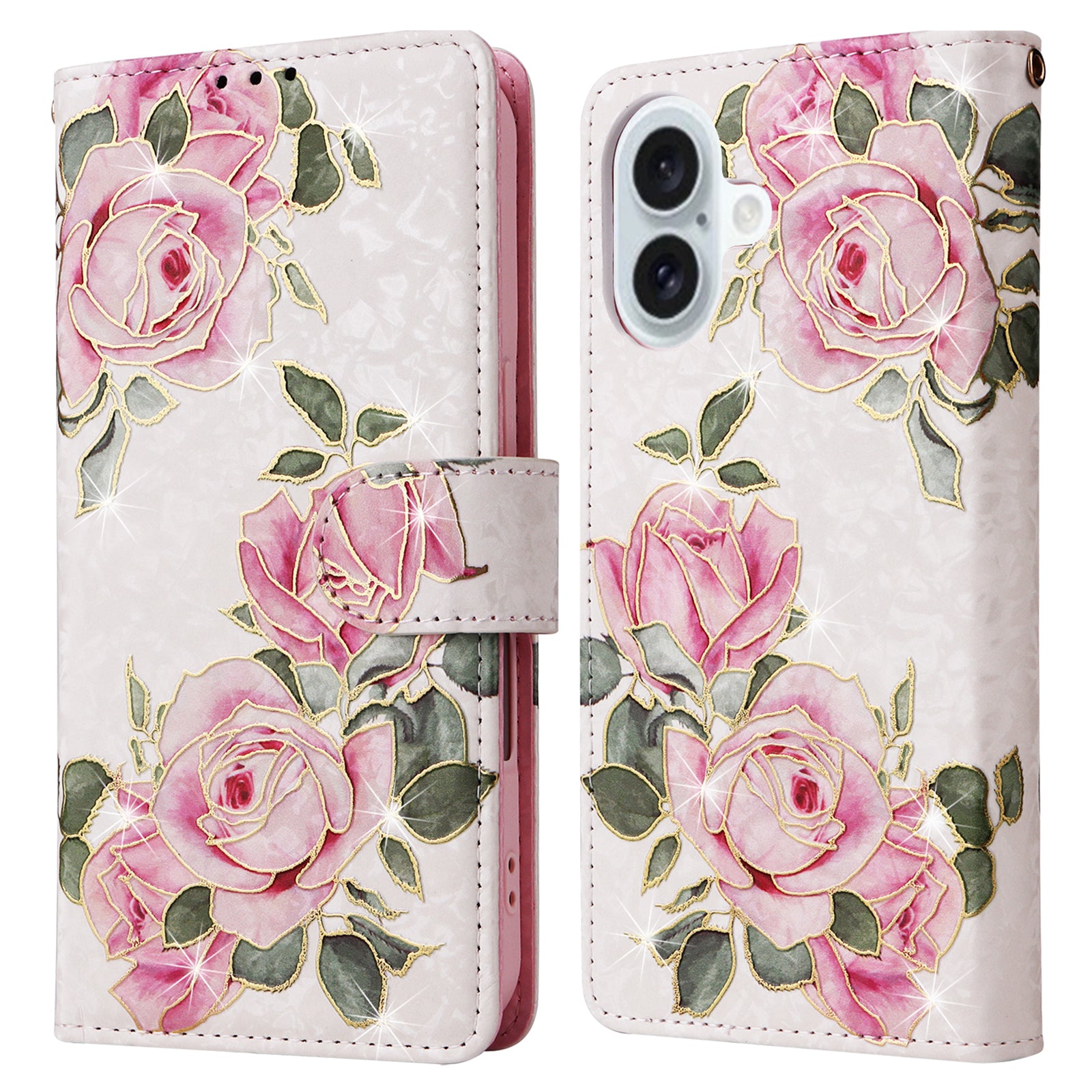 For iPhone 16 Plus Case Lacquered RFID Blocking Wallet Drop-proof PU Leather Phone Cover - Flower