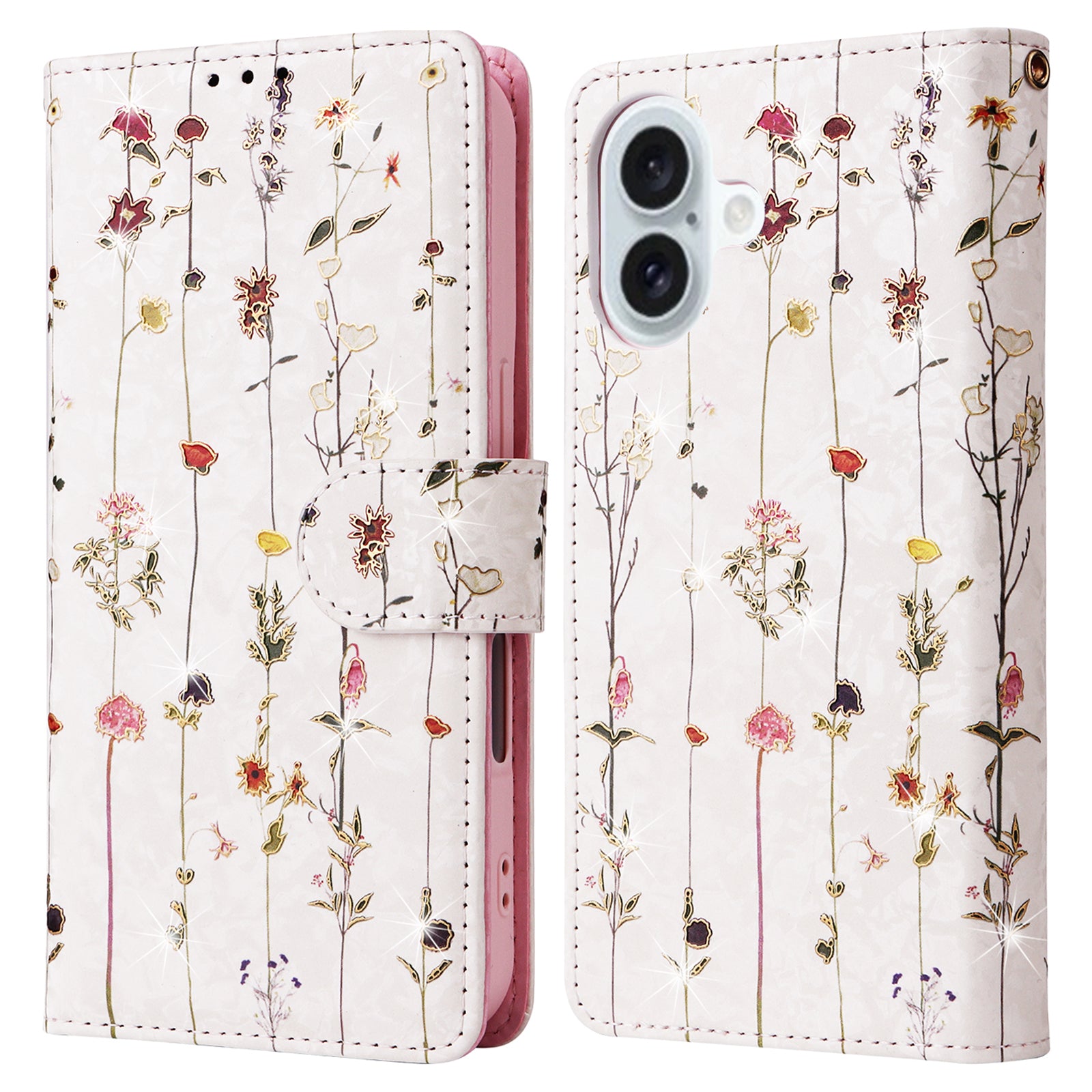 For iPhone 16 Plus Case Lacquered RFID Blocking Wallet Drop-Proof PU Leather Phone Cover - Small Flower