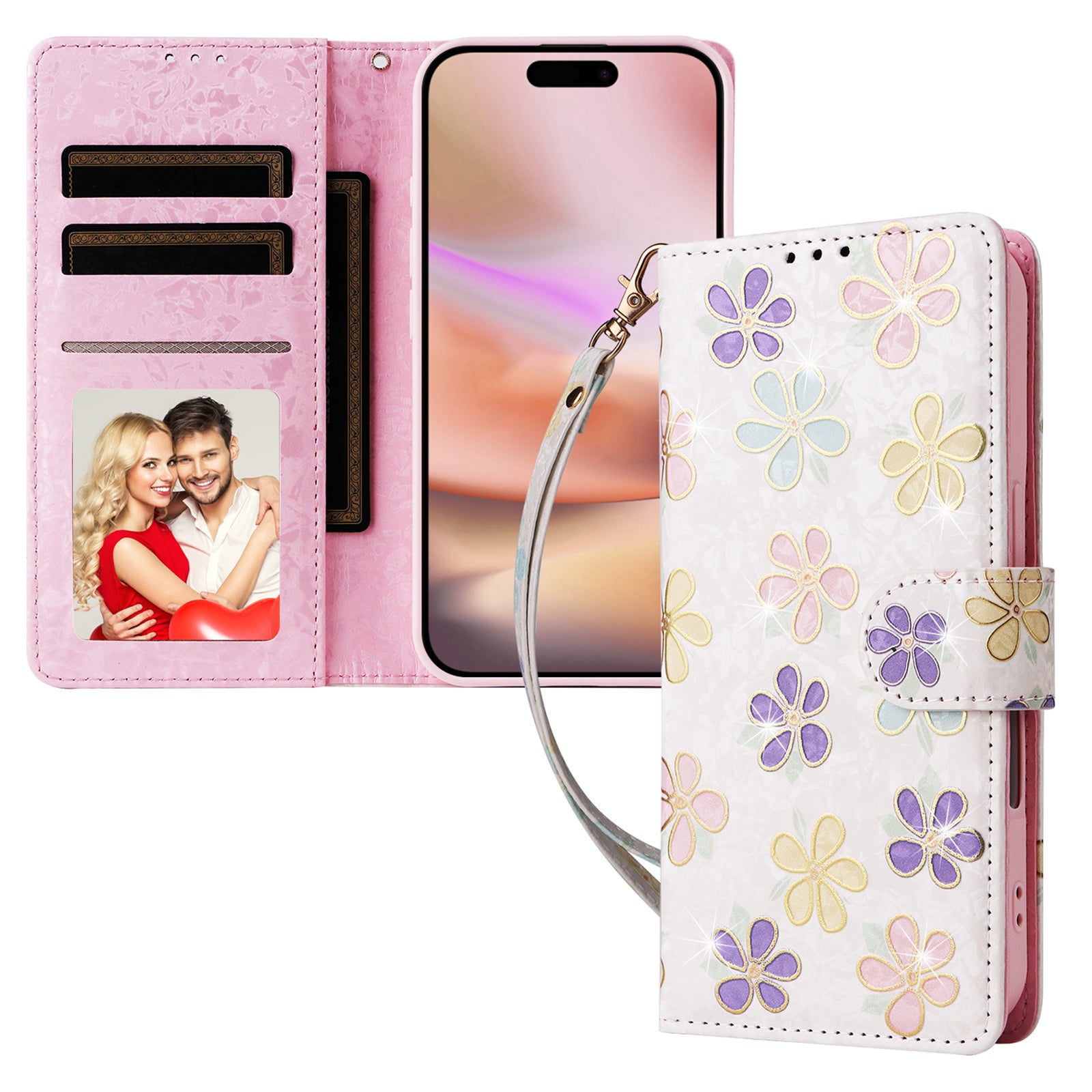 For iPhone 16 Plus Case Lacquered RFID Blocking Wallet Drop-proof PU Leather Phone Cover - Colorful Flower