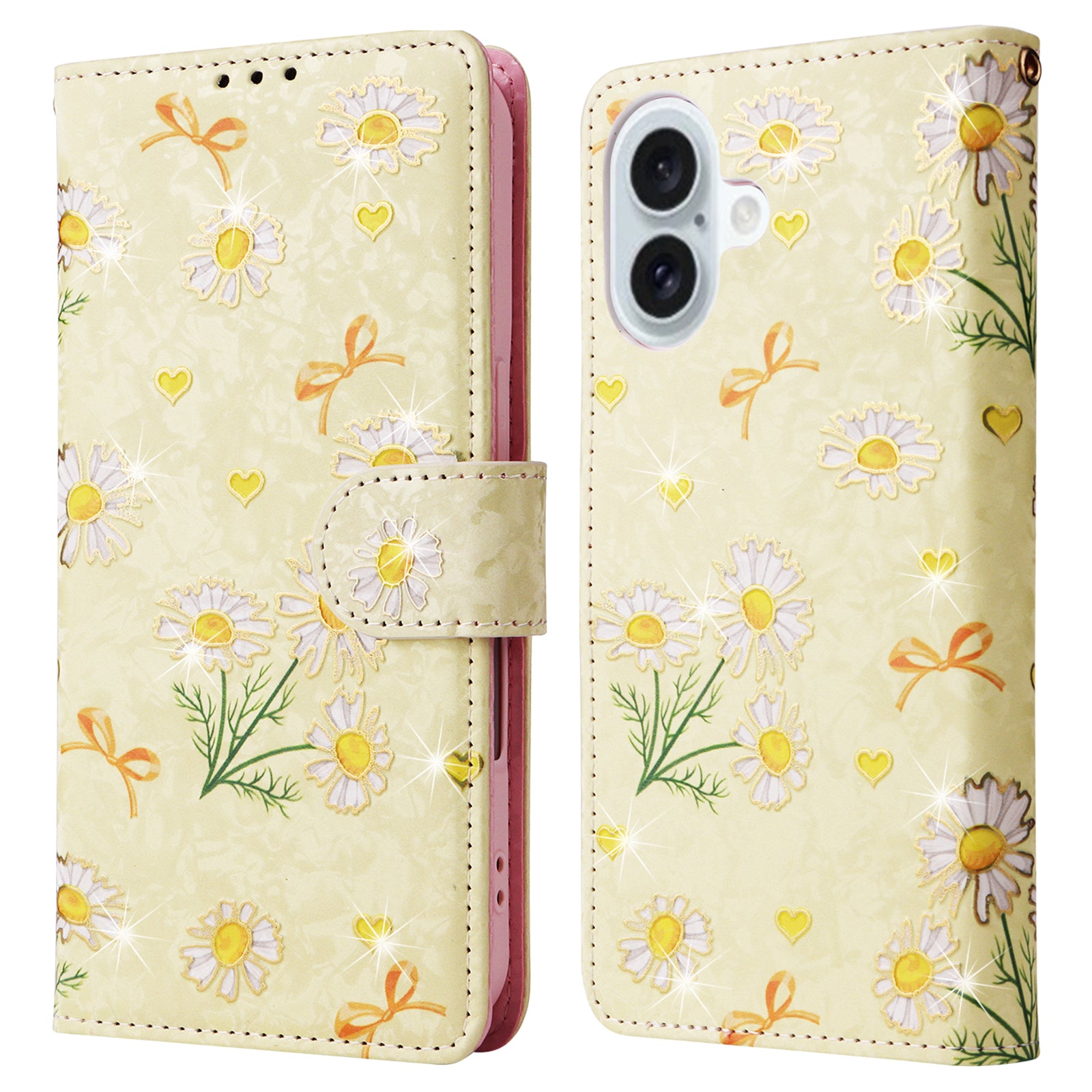 For iPhone 16 Plus Case Lacquered RFID Blocking Wallet Drop-proof PU Leather Phone Cover - Yellow Daisy