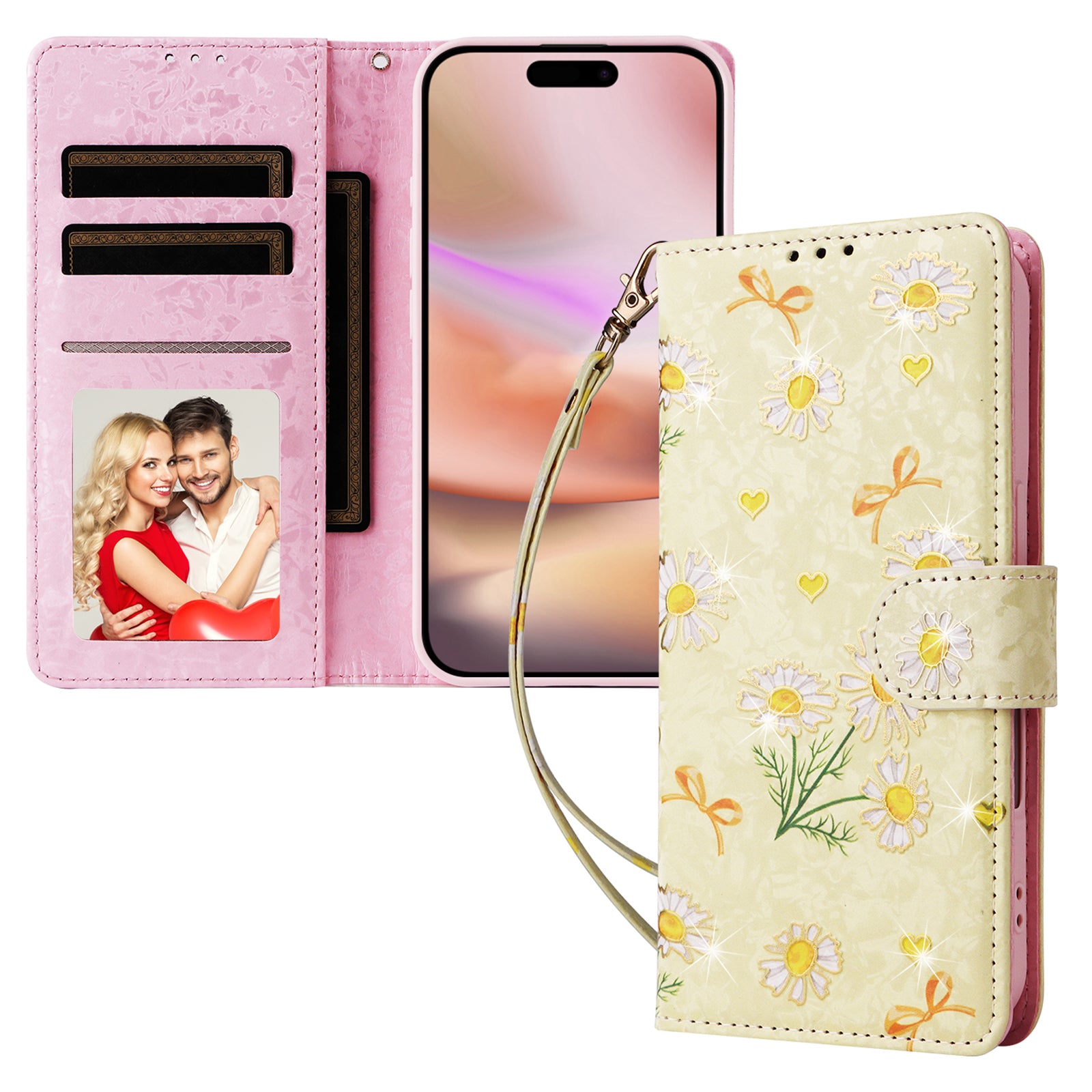 For iPhone 16 Plus Case Lacquered RFID Blocking Wallet Drop-proof PU Leather Phone Cover - Yellow Daisy