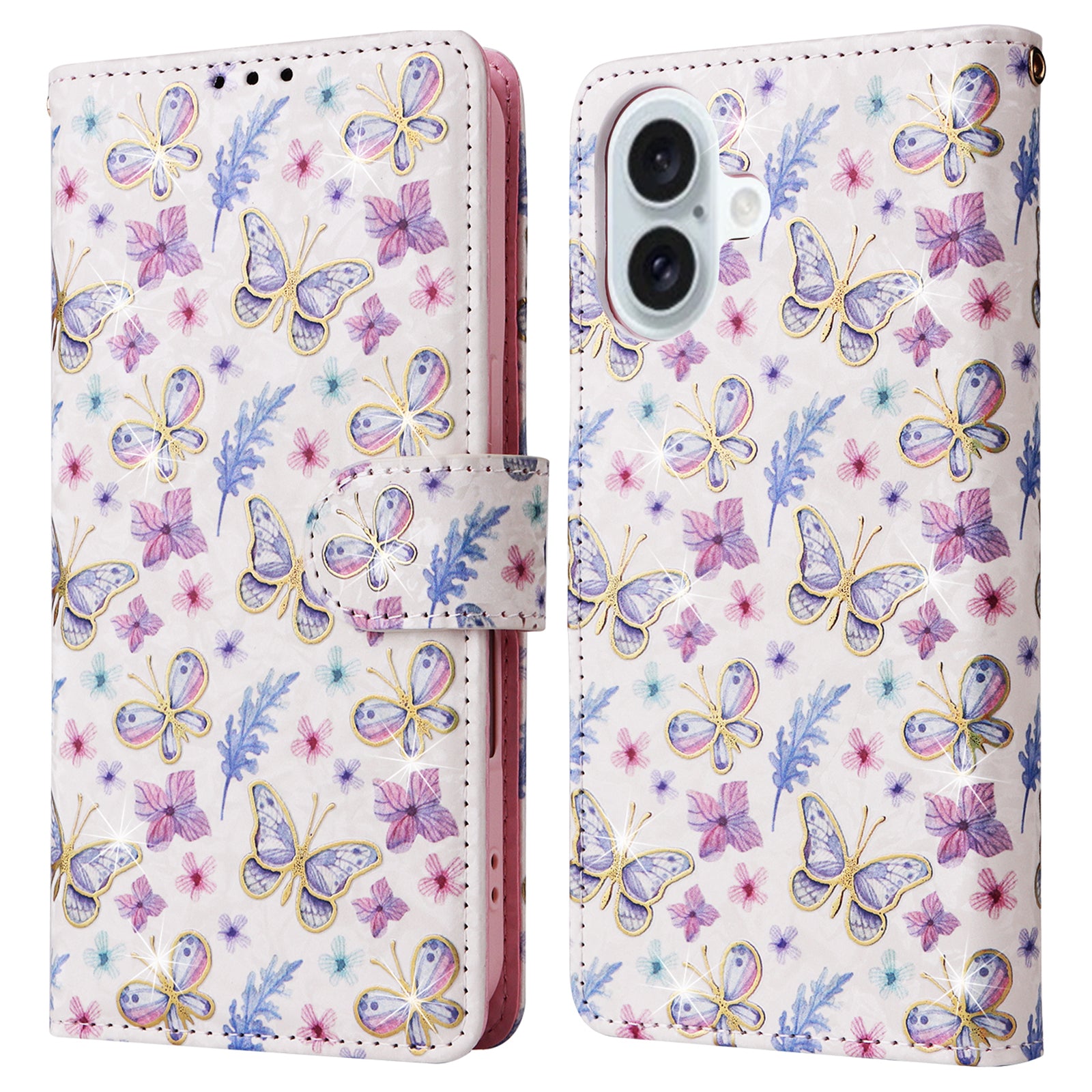 For iPhone 16 Plus Case Lacquered RFID Blocking Wallet Drop-proof PU Leather Phone Cover - Butterfly Flower