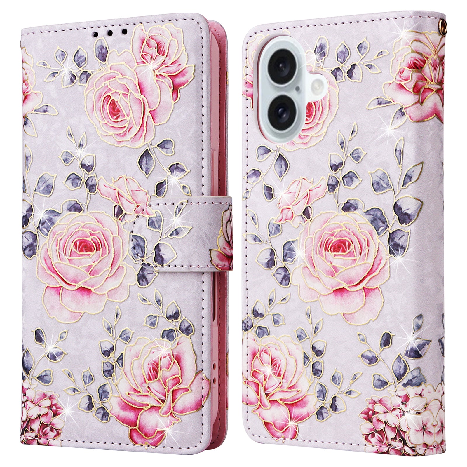 For iPhone 16 Plus Case Lacquered RFID Blocking Wallet Drop-proof PU Leather Phone Cover - Rose Flower