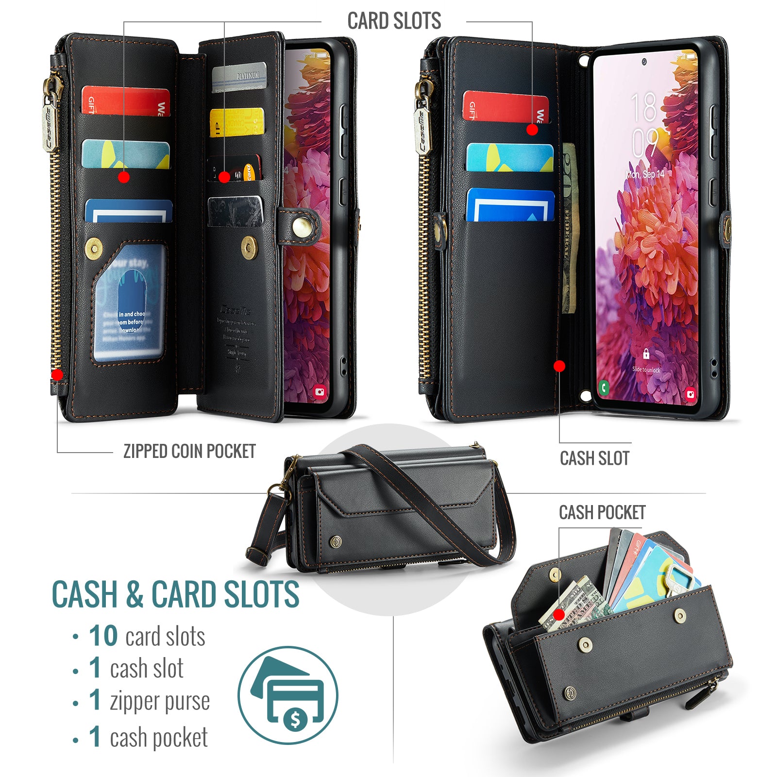 CASEME C36 Series For Samsung Galaxy S20 FE / S20 FE 5G / S20 FE 2022 / S20 Lite Leather Phone Case - Black