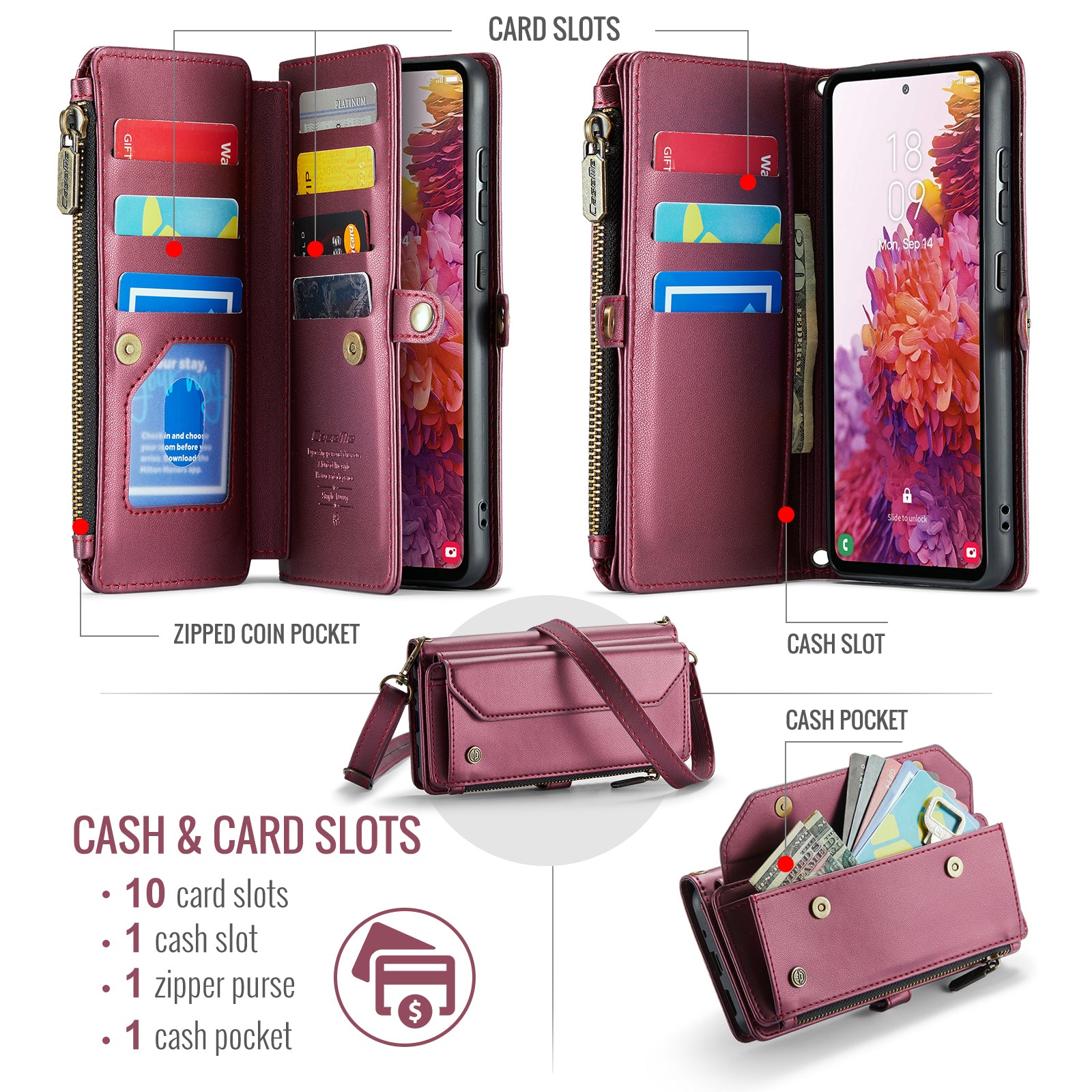 CASEME C36 Series For Samsung Galaxy S20 FE / S20 FE 5G / S20 FE 2022 / S20 Lite Leather Phone Case - Wine Red