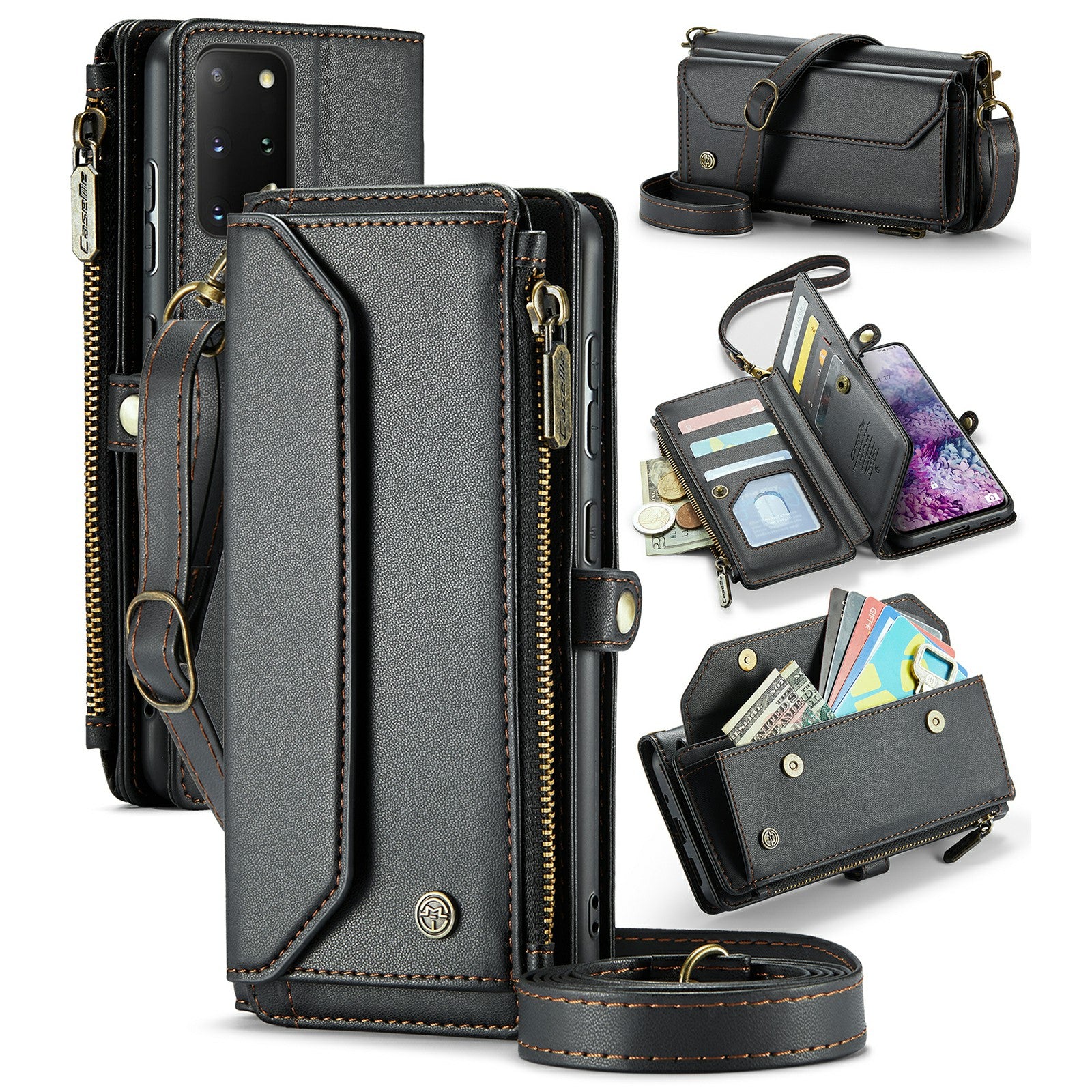 CASEME C36 Series For Samsung Galaxy S20 Plus 5G / 4G Case Crossbody Phone Bag Leather Cover - Black