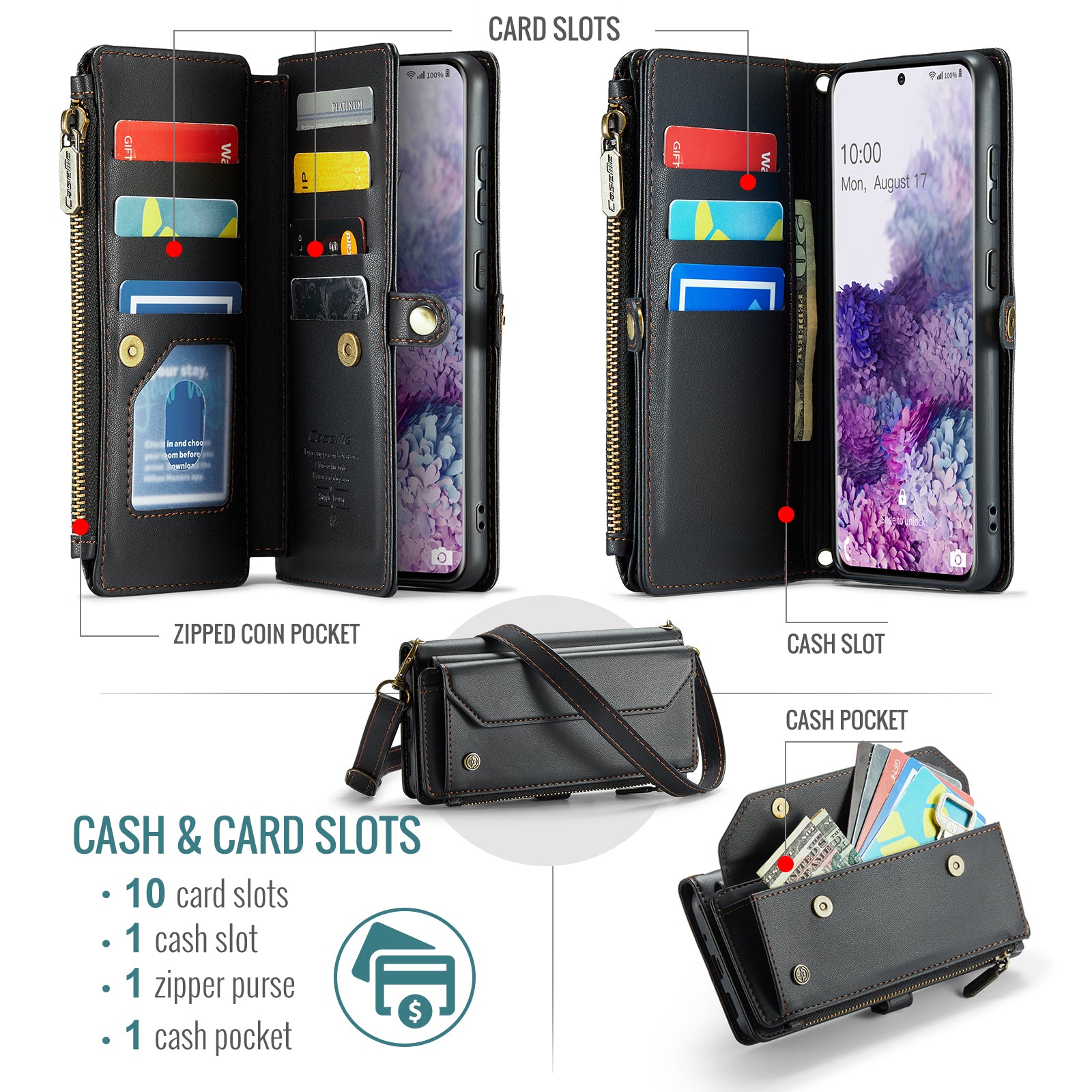 CASEME C36 Series For Samsung Galaxy S20 Plus 5G / 4G Case Crossbody Phone Bag Leather Cover - Black