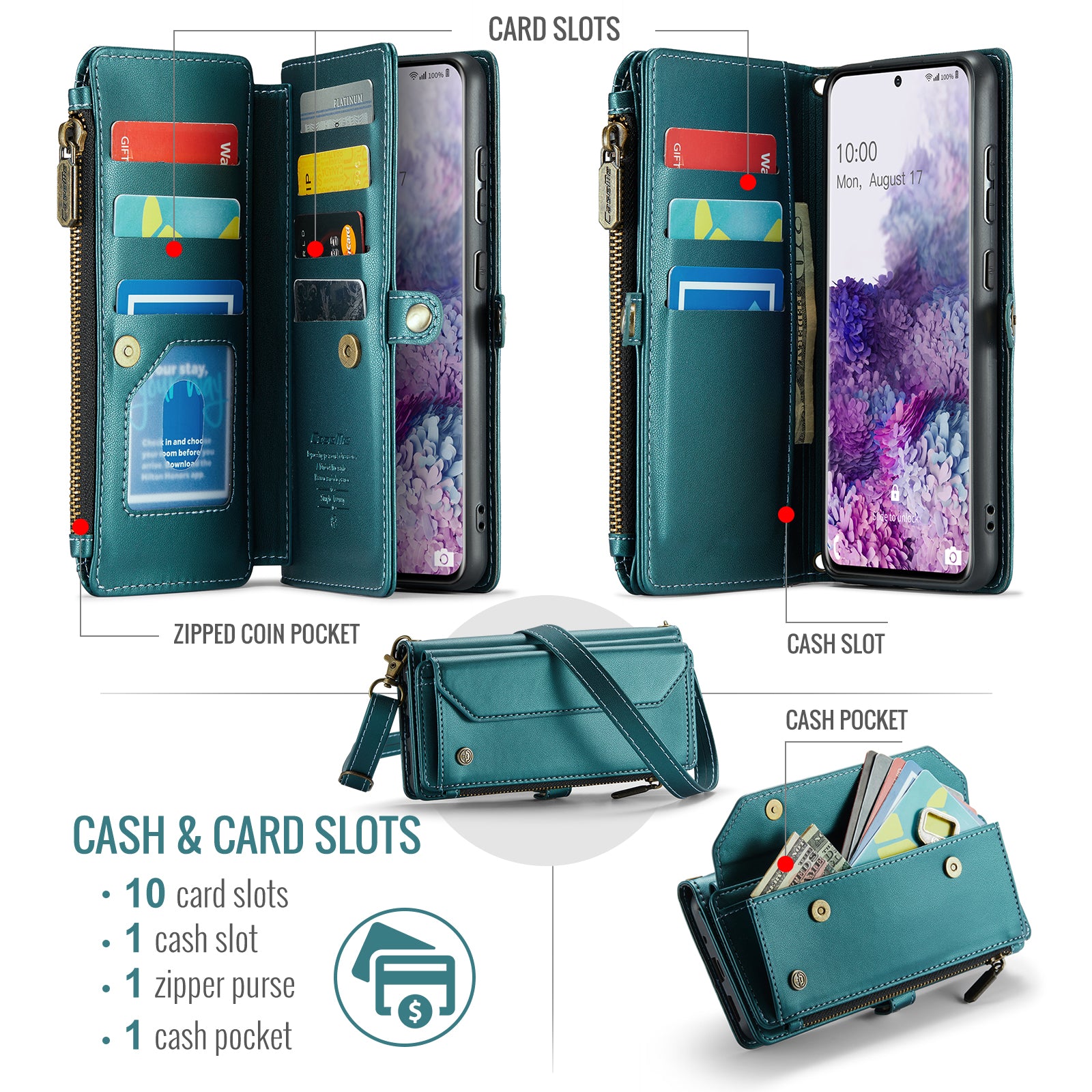 CASEME C36 Series For Samsung Galaxy S20 Plus 5G / 4G Case Crossbody Phone Bag Leather Cover - Green