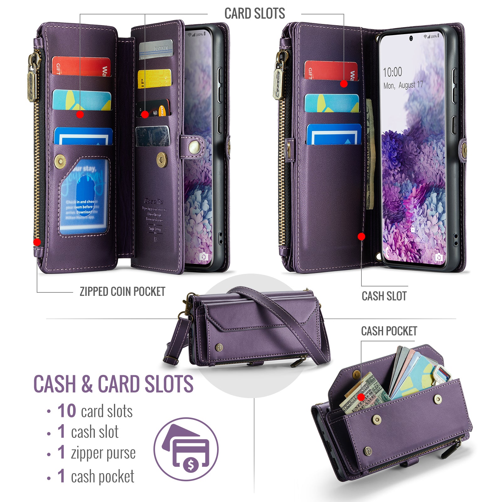 CASEME C36 Series For Samsung Galaxy S20 Plus 5G / 4G Case Crossbody Phone Bag Leather Cover - Purple