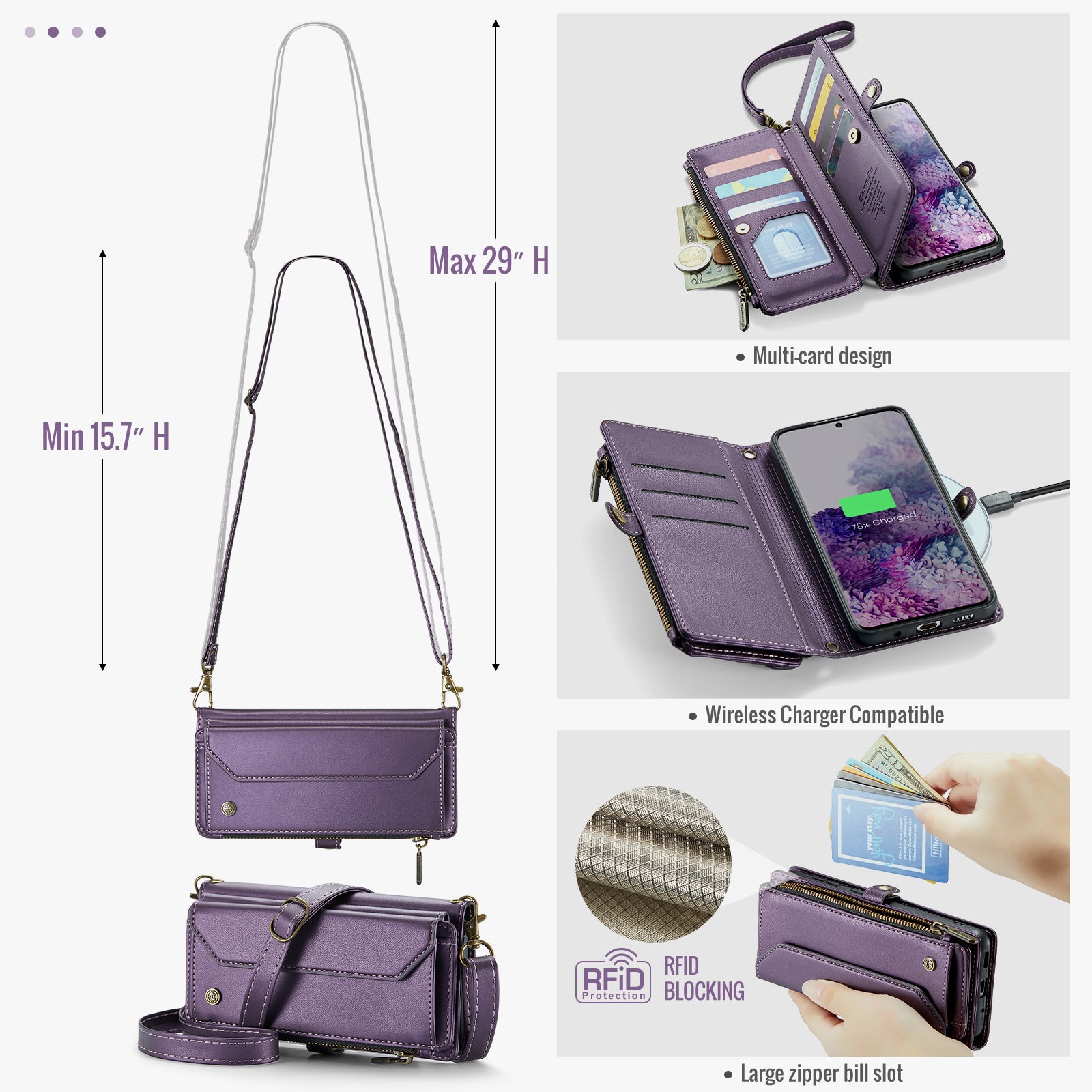 CASEME C36 Series For Samsung Galaxy S20 Plus 5G / 4G Case Crossbody Phone Bag Leather Cover - Purple