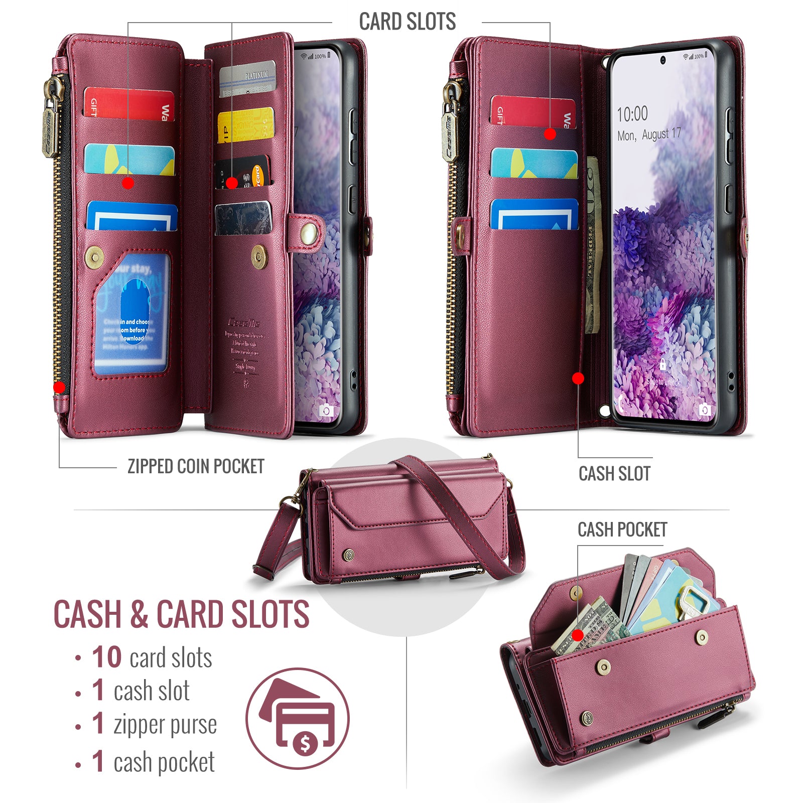 CASEME C36 Series For Samsung Galaxy S20 Plus 5G / 4G Case Crossbody Phone Bag Leather Cover - Wine Red