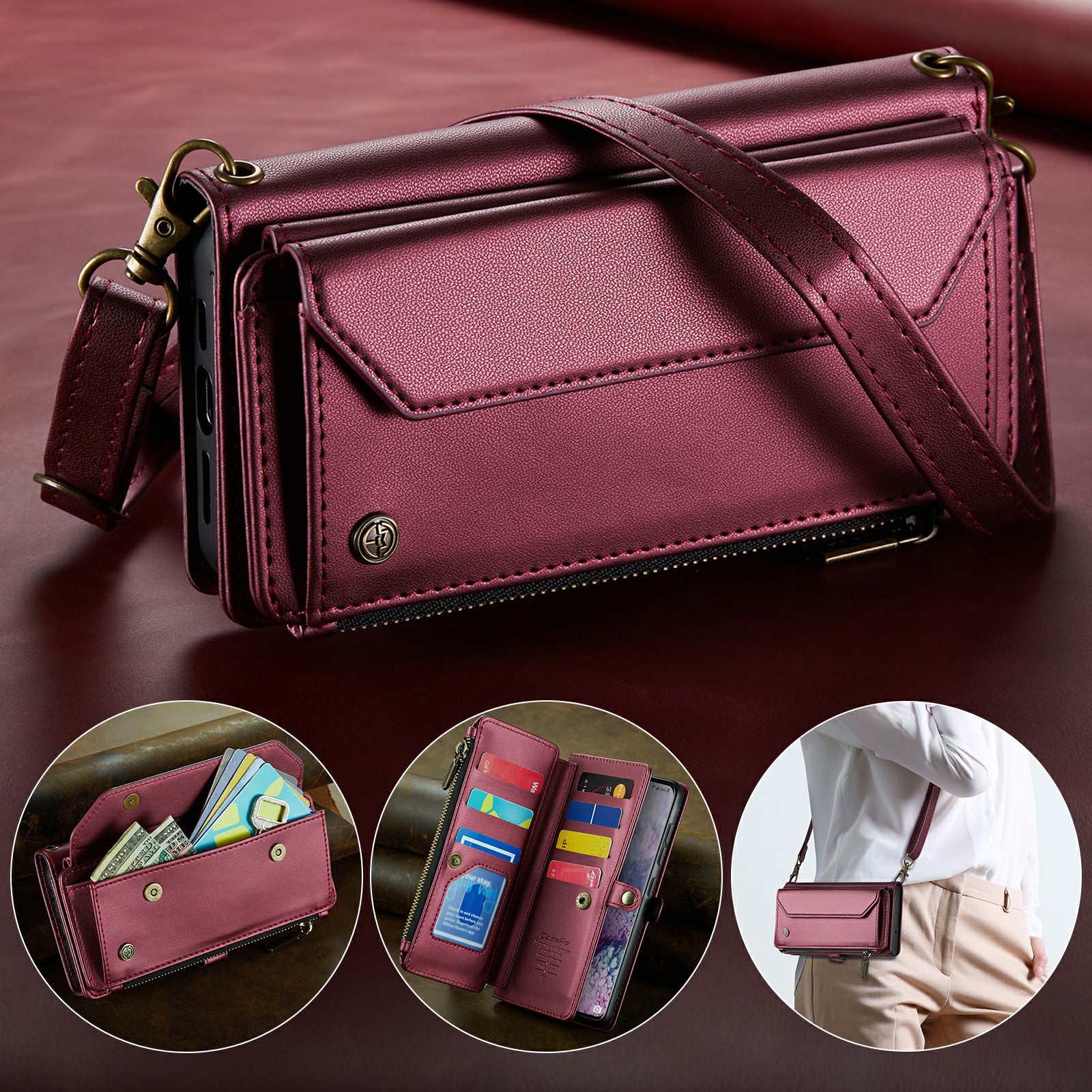 CASEME C36 Series For Samsung Galaxy S20 Plus 5G / 4G Case Crossbody Phone Bag Leather Cover - Wine Red