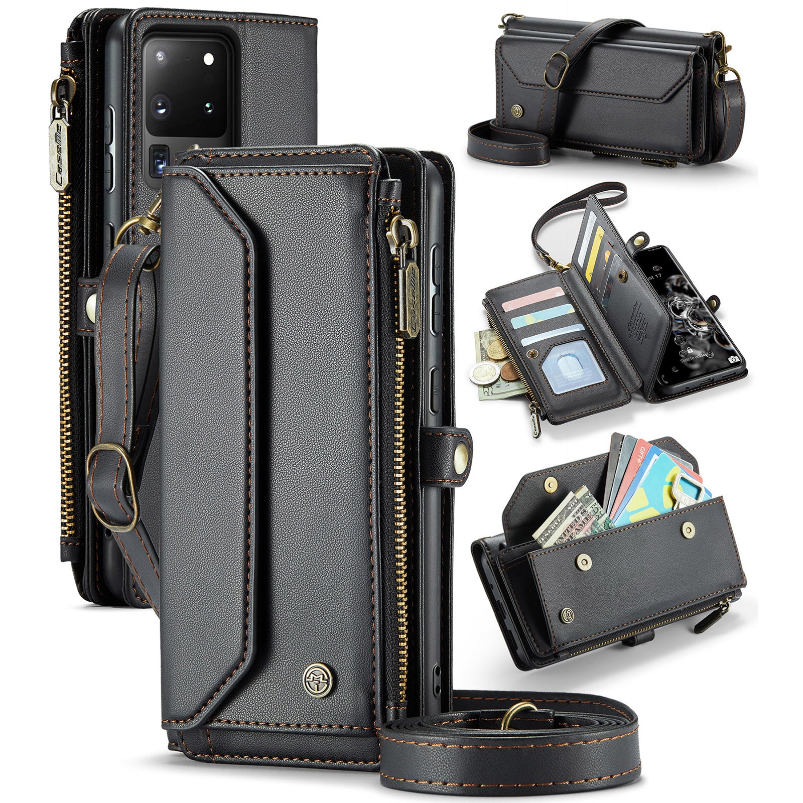 CASEME C36 Series For Samsung Galaxy S20 Ultra Case PU Leather Zipper Wallet Phone Cover - Black