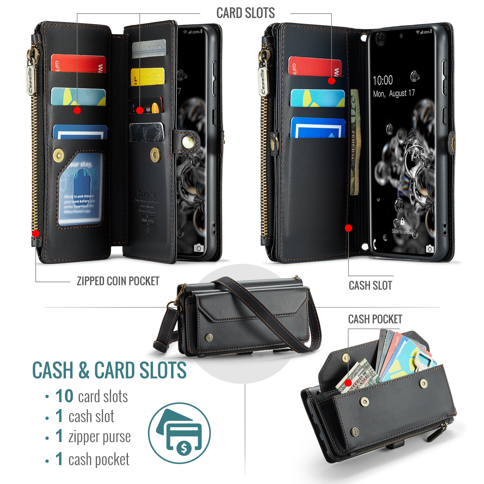 CASEME C36 Series For Samsung Galaxy S20 Ultra Case PU Leather Zipper Wallet Phone Cover - Black