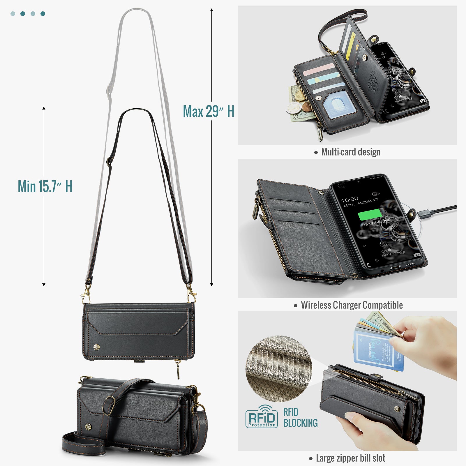 CASEME C36 Series For Samsung Galaxy S20 Ultra Case PU Leather Zipper Wallet Phone Cover - Black