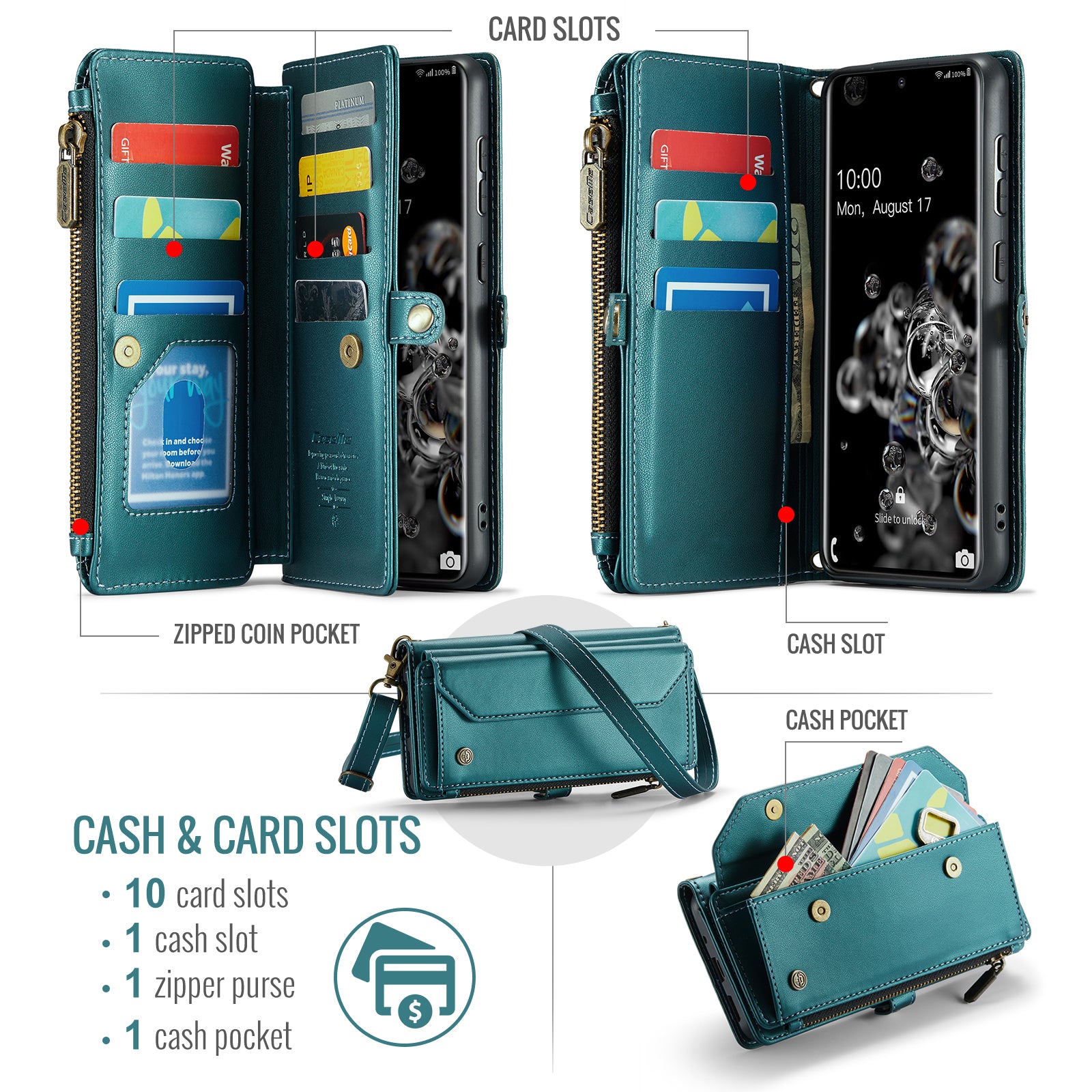 CASEME C36 Series For Samsung Galaxy S20 Ultra Case PU Leather Zipper Wallet Phone Cover - Green