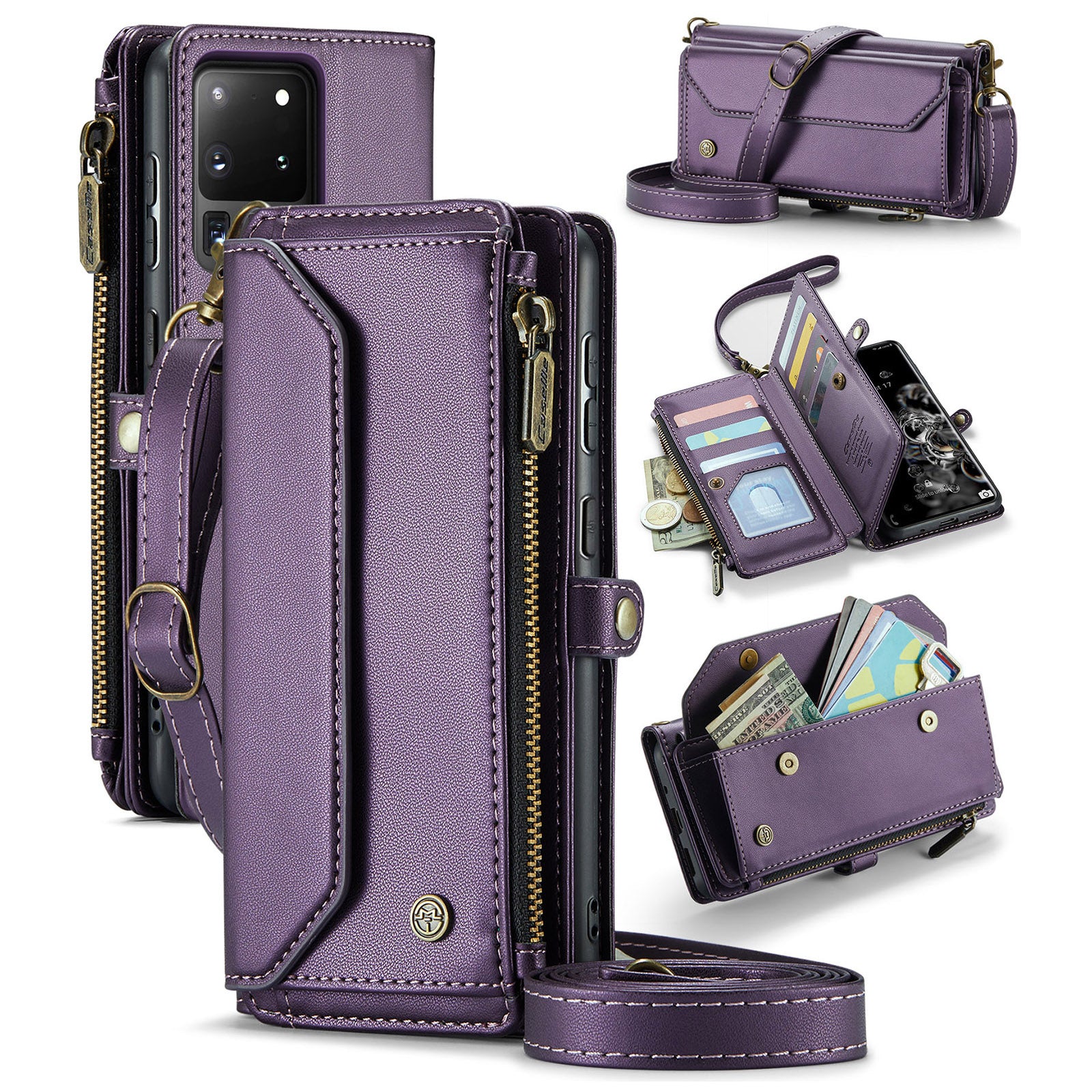 CASEME C36 Series For Samsung Galaxy S20 Ultra Case PU Leather Zipper Wallet Phone Cover - Purple