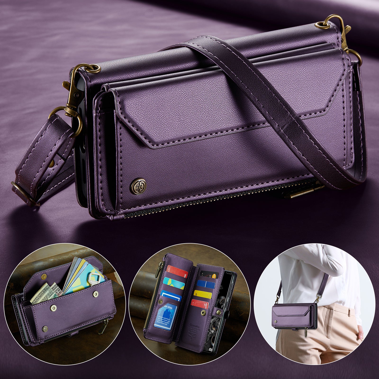 CASEME C36 Series For Samsung Galaxy S20 Ultra Case PU Leather Zipper Wallet Phone Cover - Purple