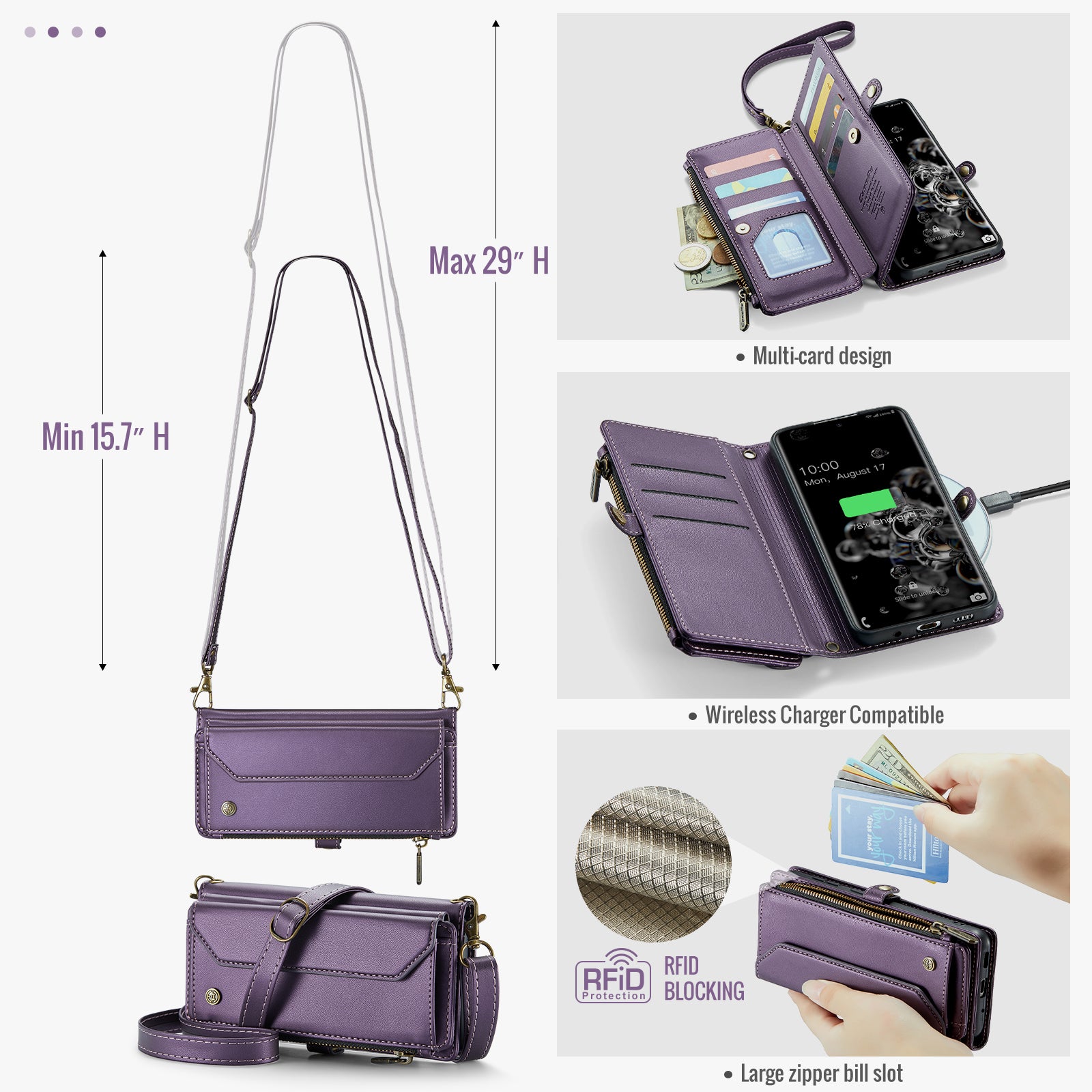 CASEME C36 Series For Samsung Galaxy S20 Ultra Case PU Leather Zipper Wallet Phone Cover - Purple