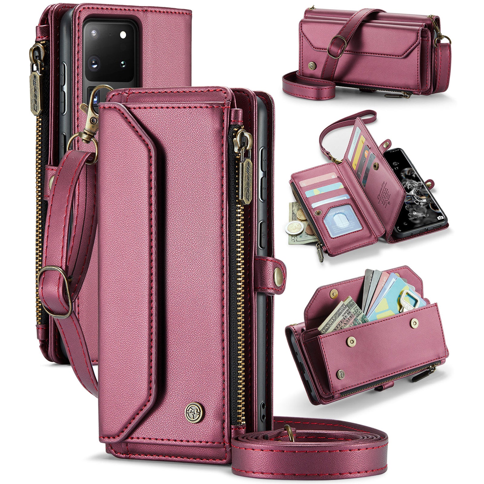 CASEME C36 Series For Samsung Galaxy S20 Ultra Case PU Leather Zipper Wallet Phone Cover - Wine Red