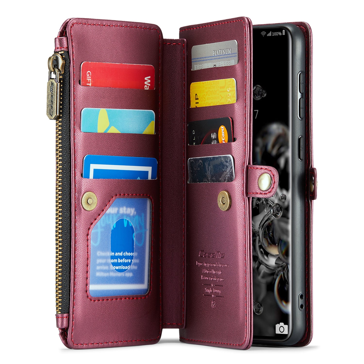 CASEME C36 Series For Samsung Galaxy S20 Ultra Case PU Leather Zipper Wallet Phone Cover - Wine Red