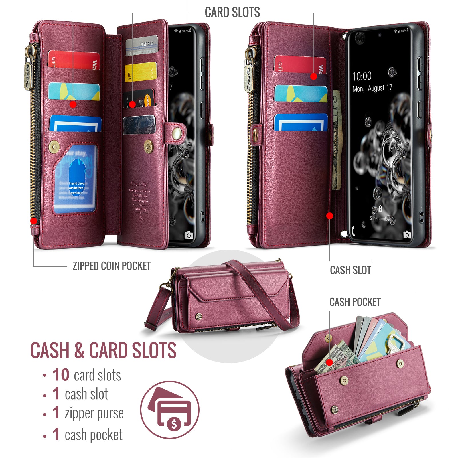 CASEME C36 Series For Samsung Galaxy S20 Ultra Case PU Leather Zipper Wallet Phone Cover - Wine Red