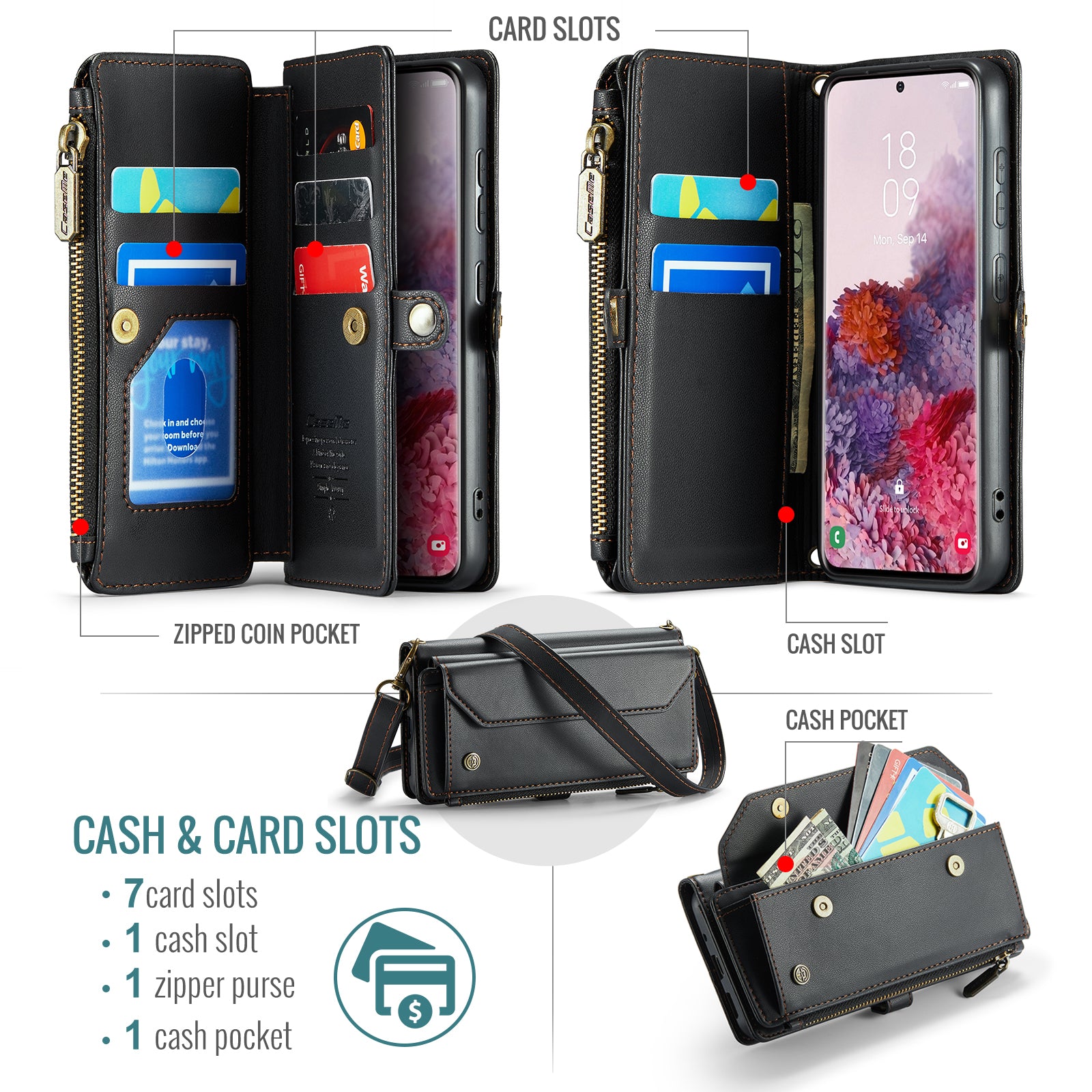 CASEME C36 Series For Samsung Galaxy S20 4G / S20 5G Wallet Case RFID Blocking PU Leather Phone Cover - Black