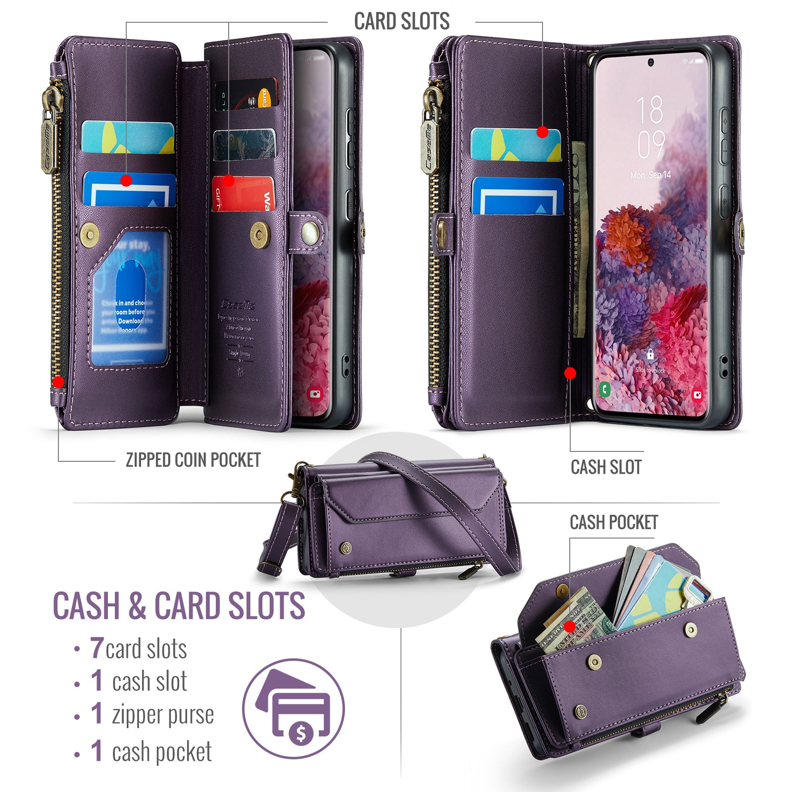 CASEME C36 Series For Samsung Galaxy S20 4G / S20 5G Wallet Case RFID Blocking PU Leather Phone Cover - Purple