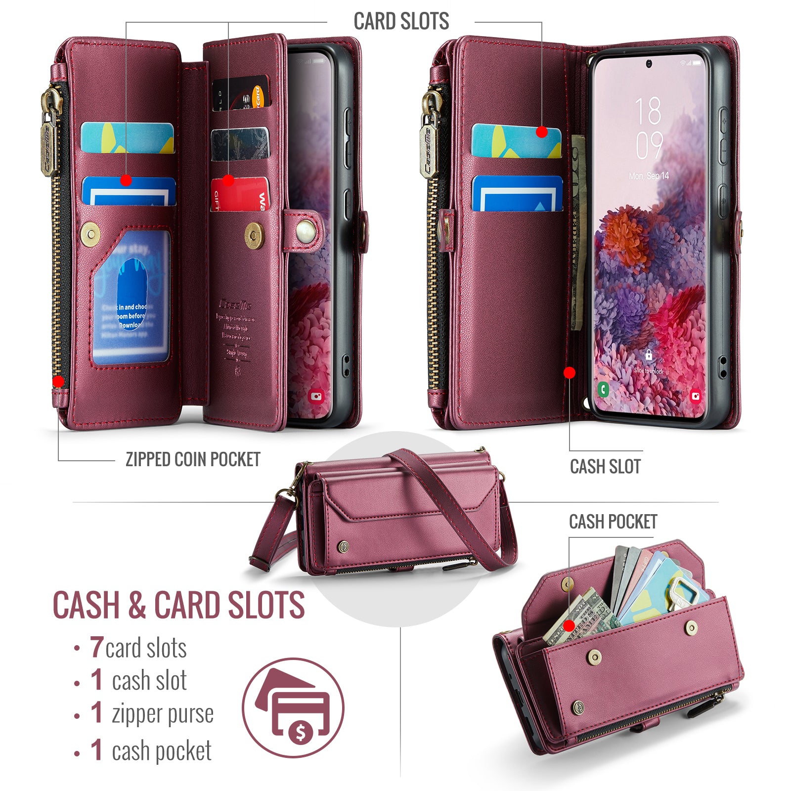 CASEME C36 Series For Samsung Galaxy S20 4G / S20 5G Wallet Case RFID Blocking PU Leather Phone Cover - Wine Red