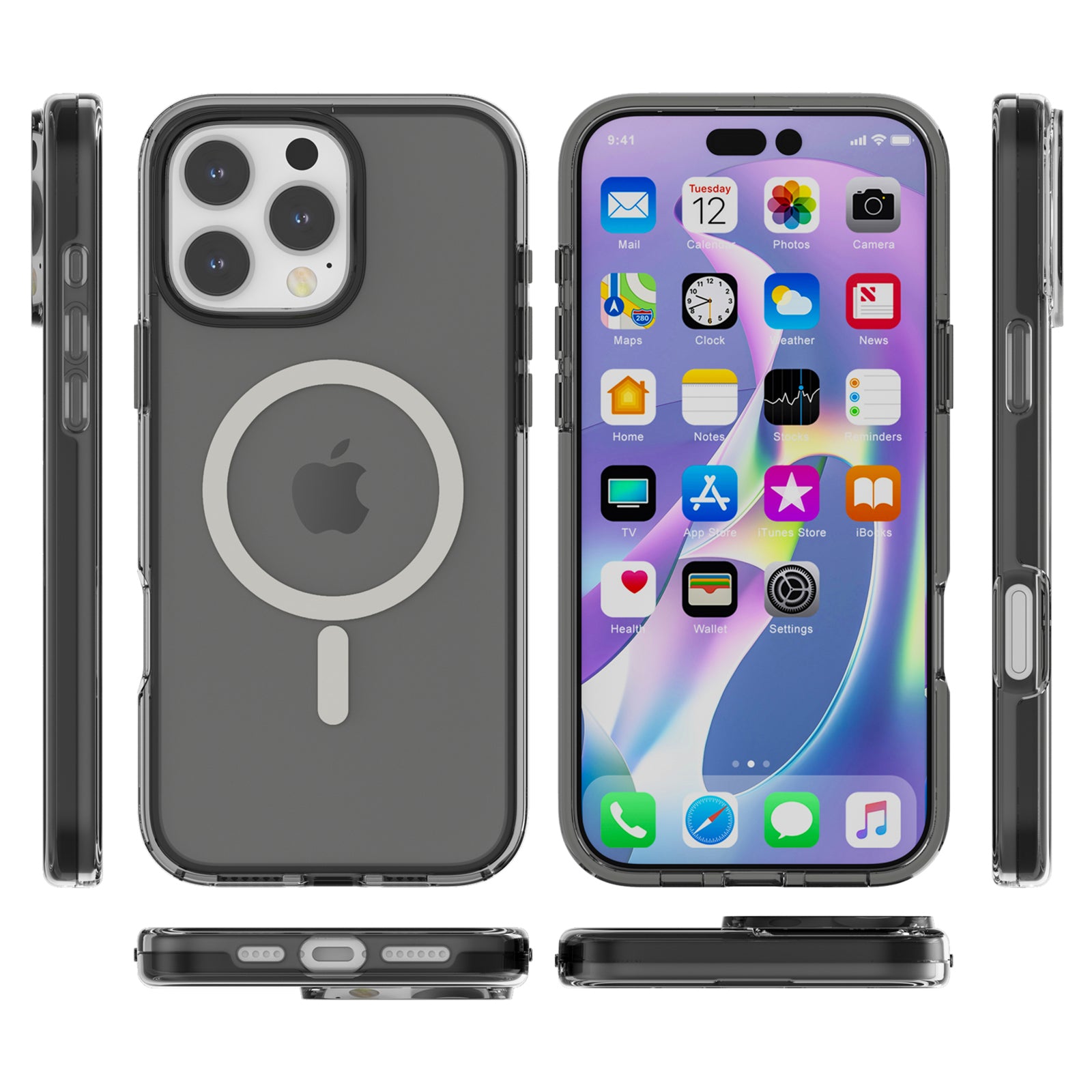 For iPhone 16 Pro Case Compatible with MagSafe Anti-Drop PC+TPU Phone Cover - Transparent Black