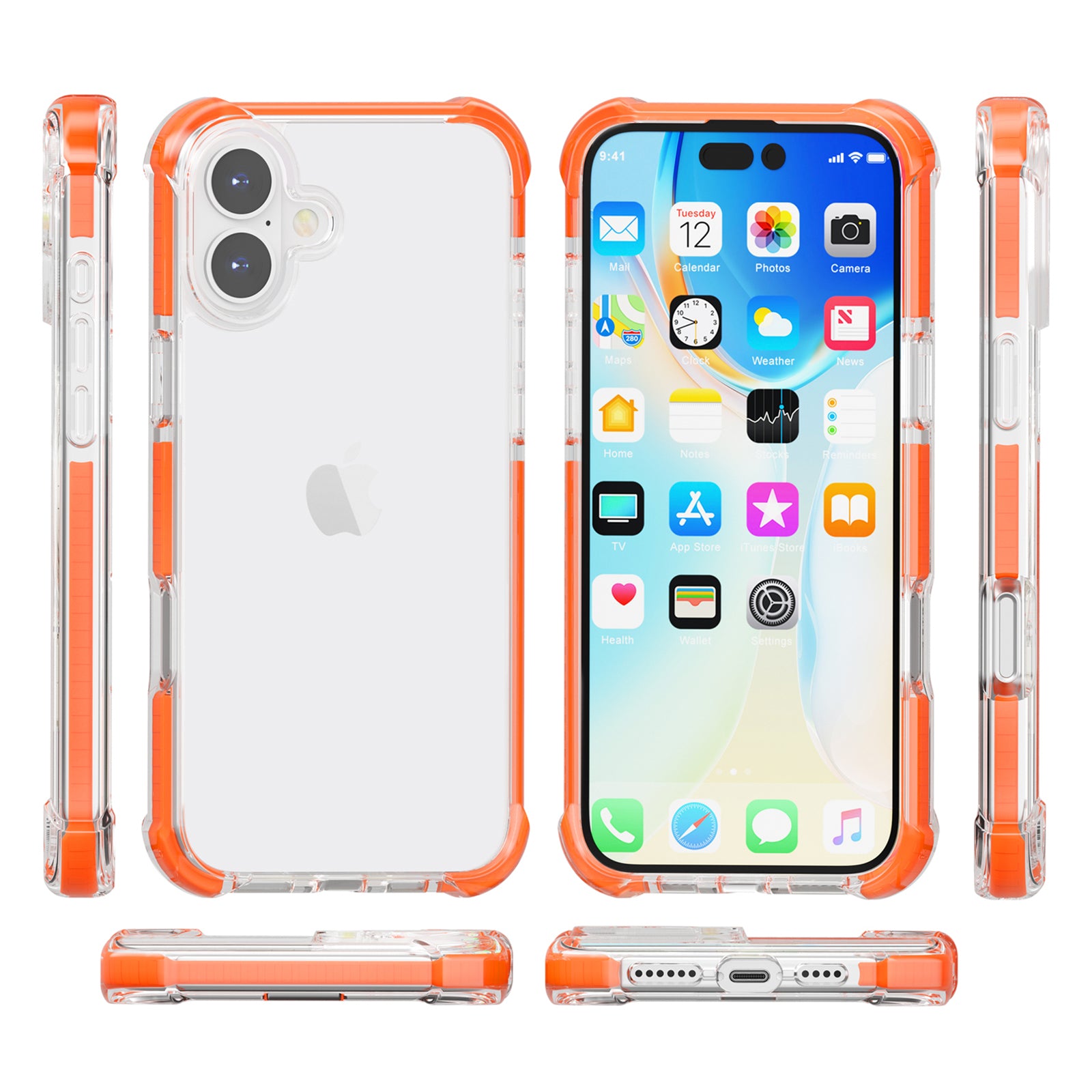 Clear Mobile Phone Case for iPhone 16 TPU+TPE+PC Phone Cover - Transparent Orange