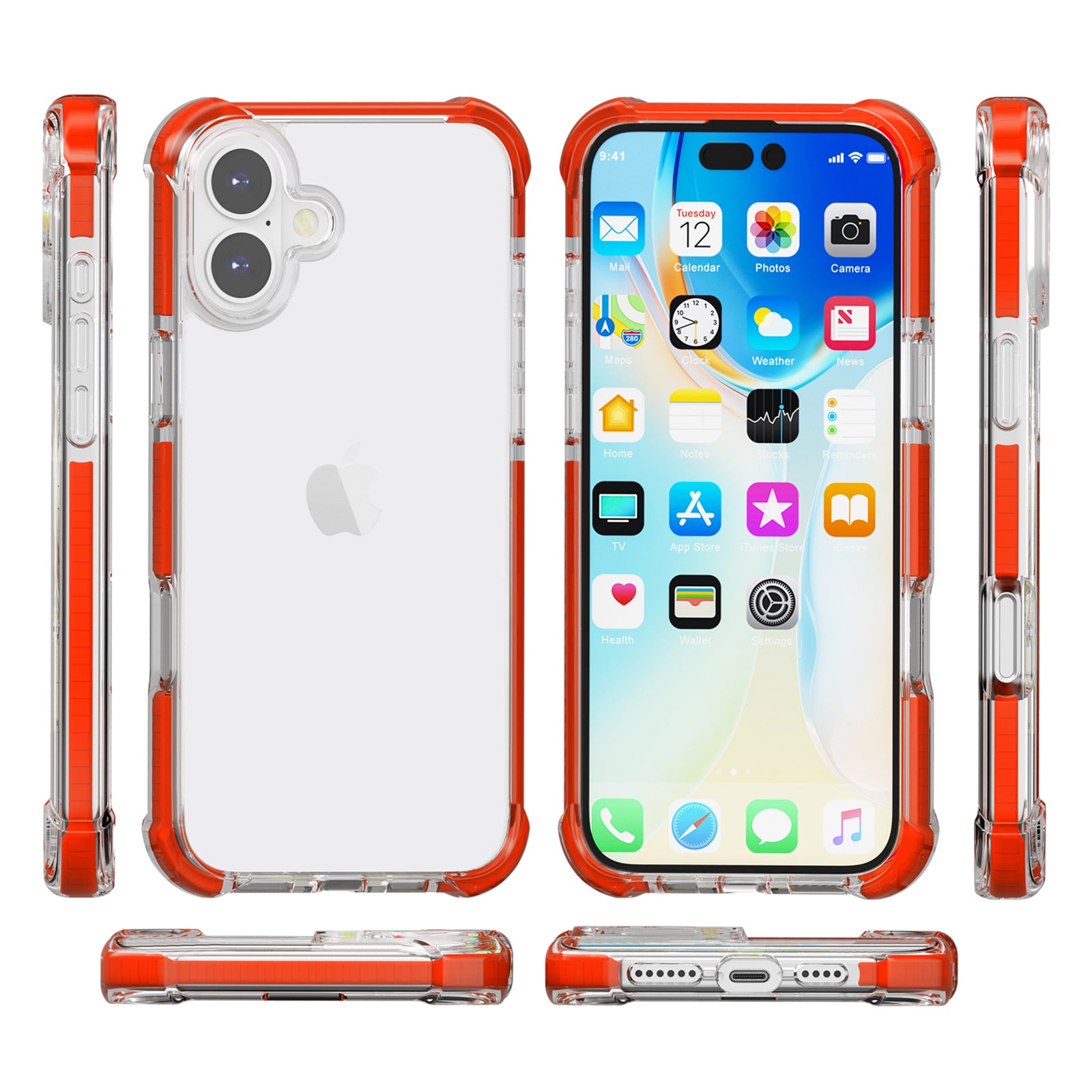 Clear Mobile Phone Case for iPhone 16 TPU+TPE+PC Phone Cover - Transparent Red