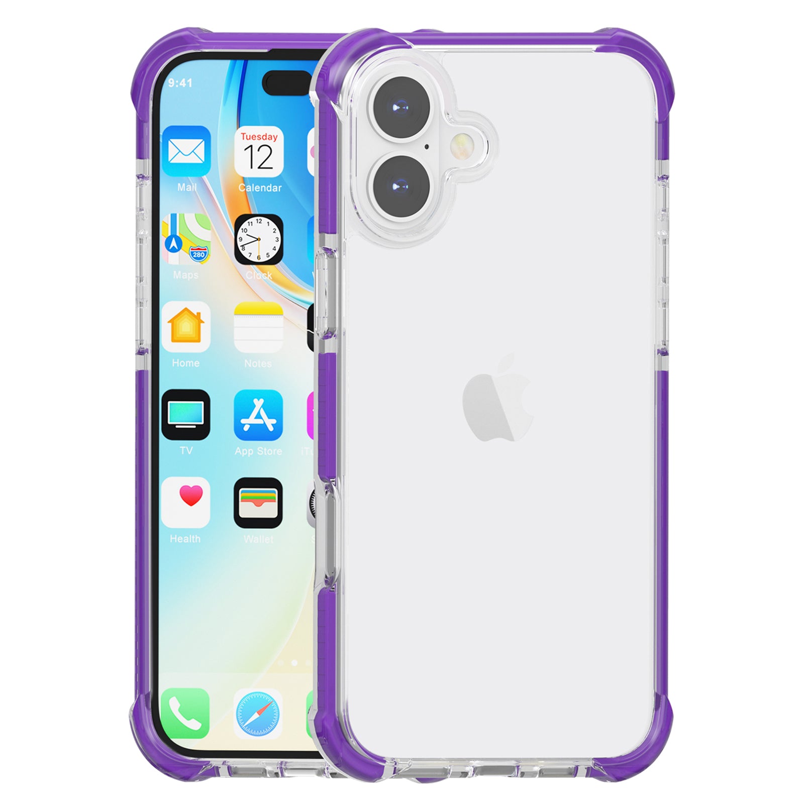 Clear Mobile Phone Case for iPhone 16 TPU+TPE+PC Phone Cover - Transparent Purple