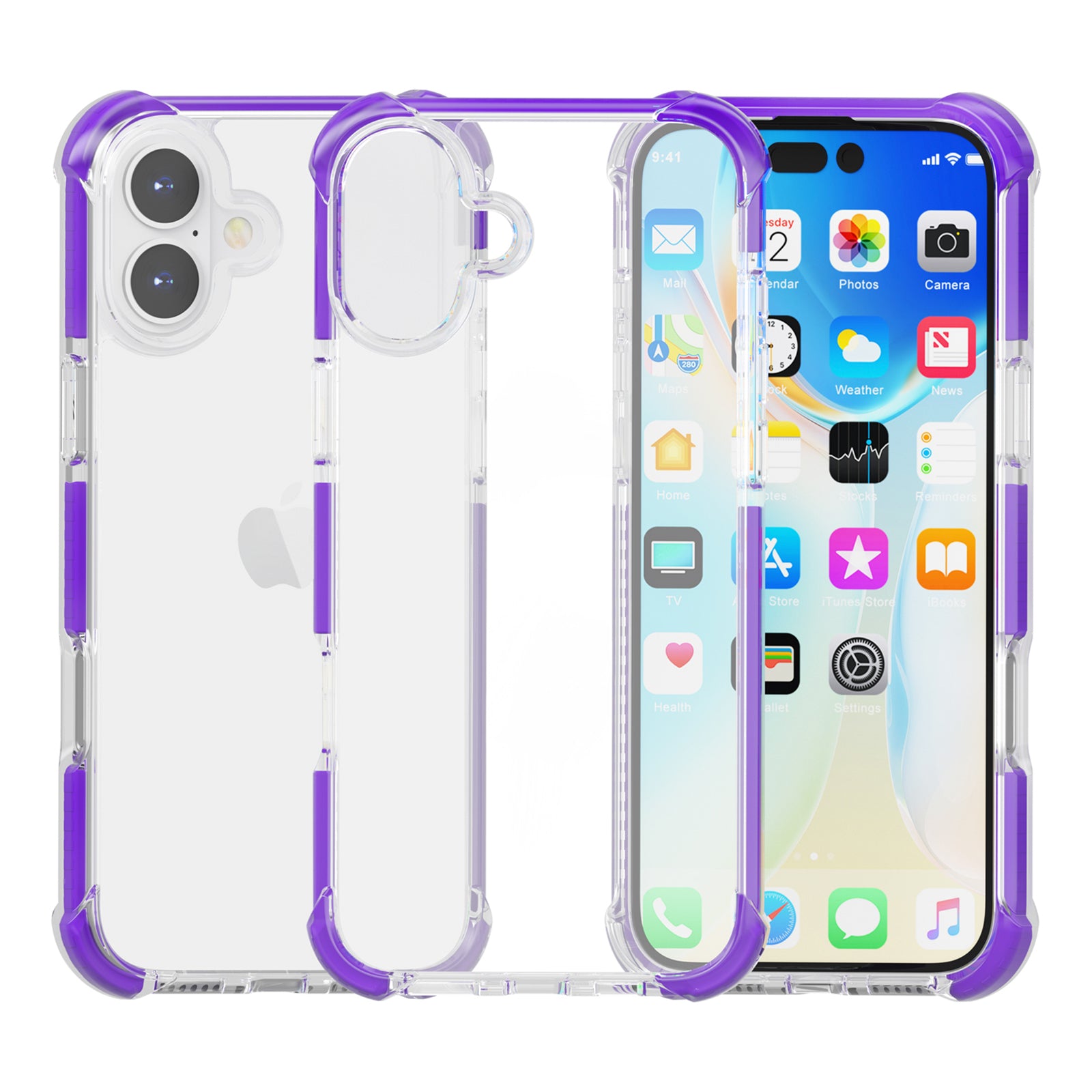 Clear Mobile Phone Case for iPhone 16 TPU+TPE+PC Phone Cover - Transparent Purple