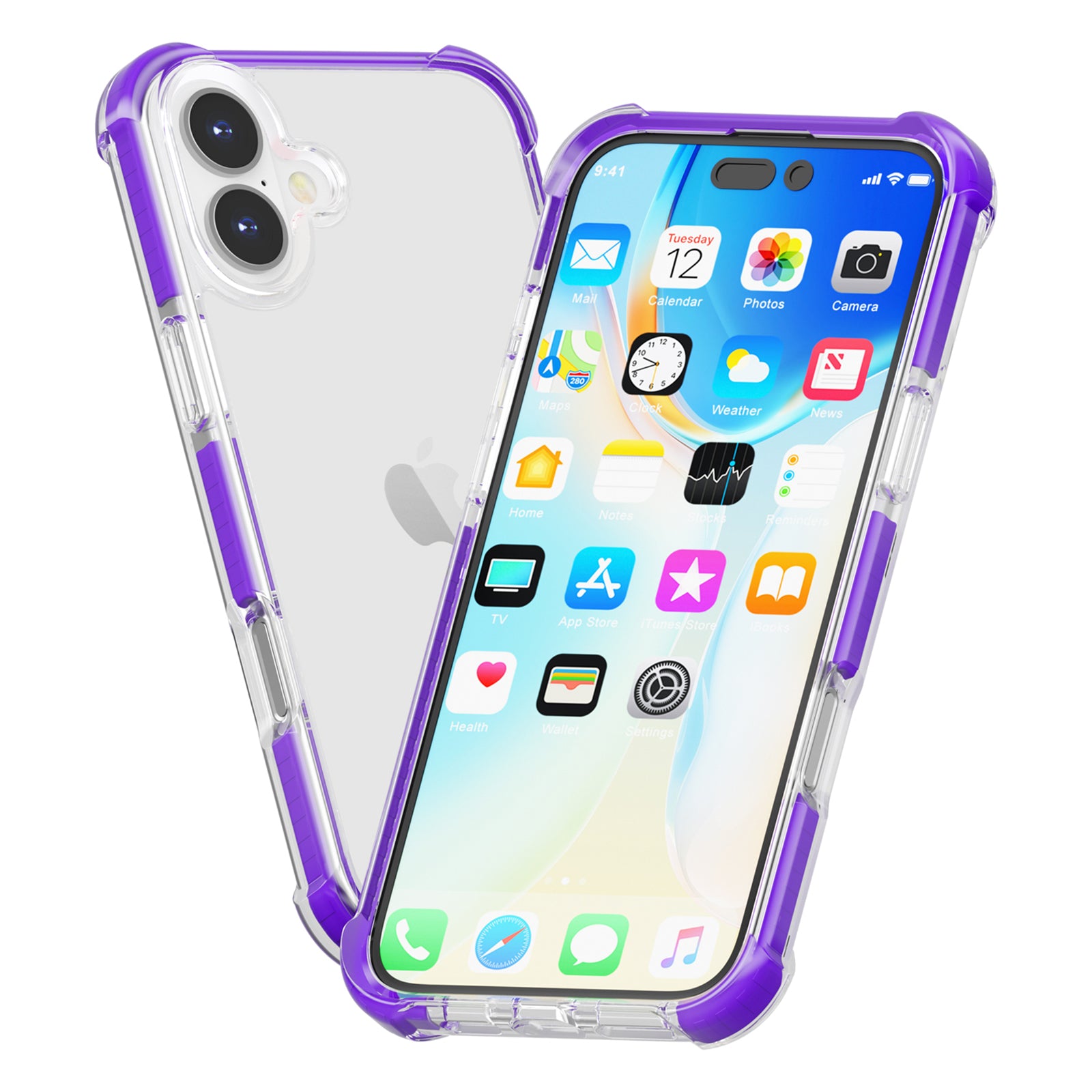 Clear Mobile Phone Case for iPhone 16 TPU+TPE+PC Phone Cover - Transparent Purple