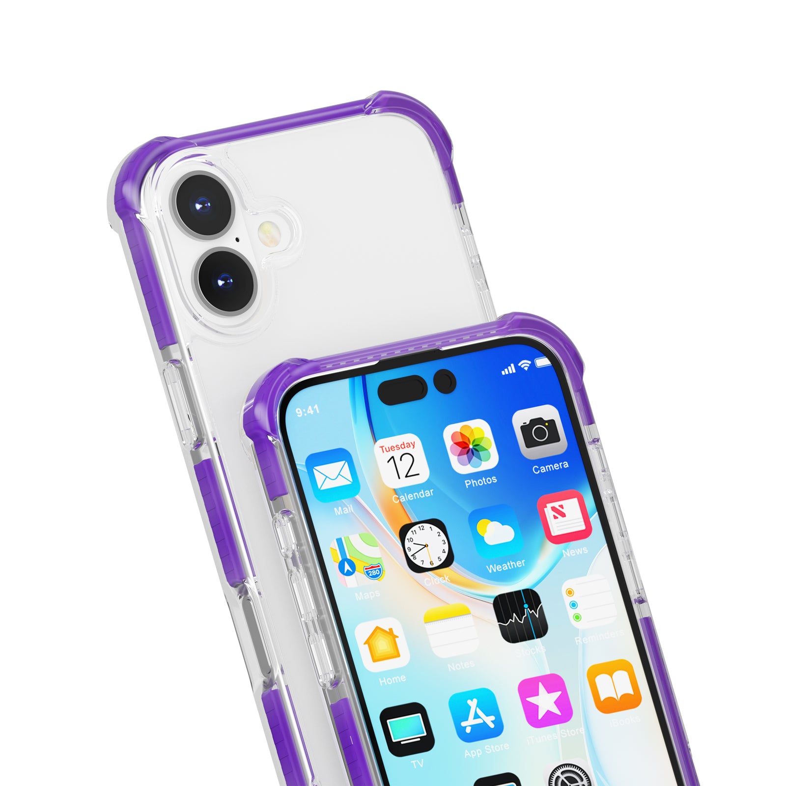 Clear Mobile Phone Case for iPhone 16 TPU+TPE+PC Phone Cover - Transparent Purple